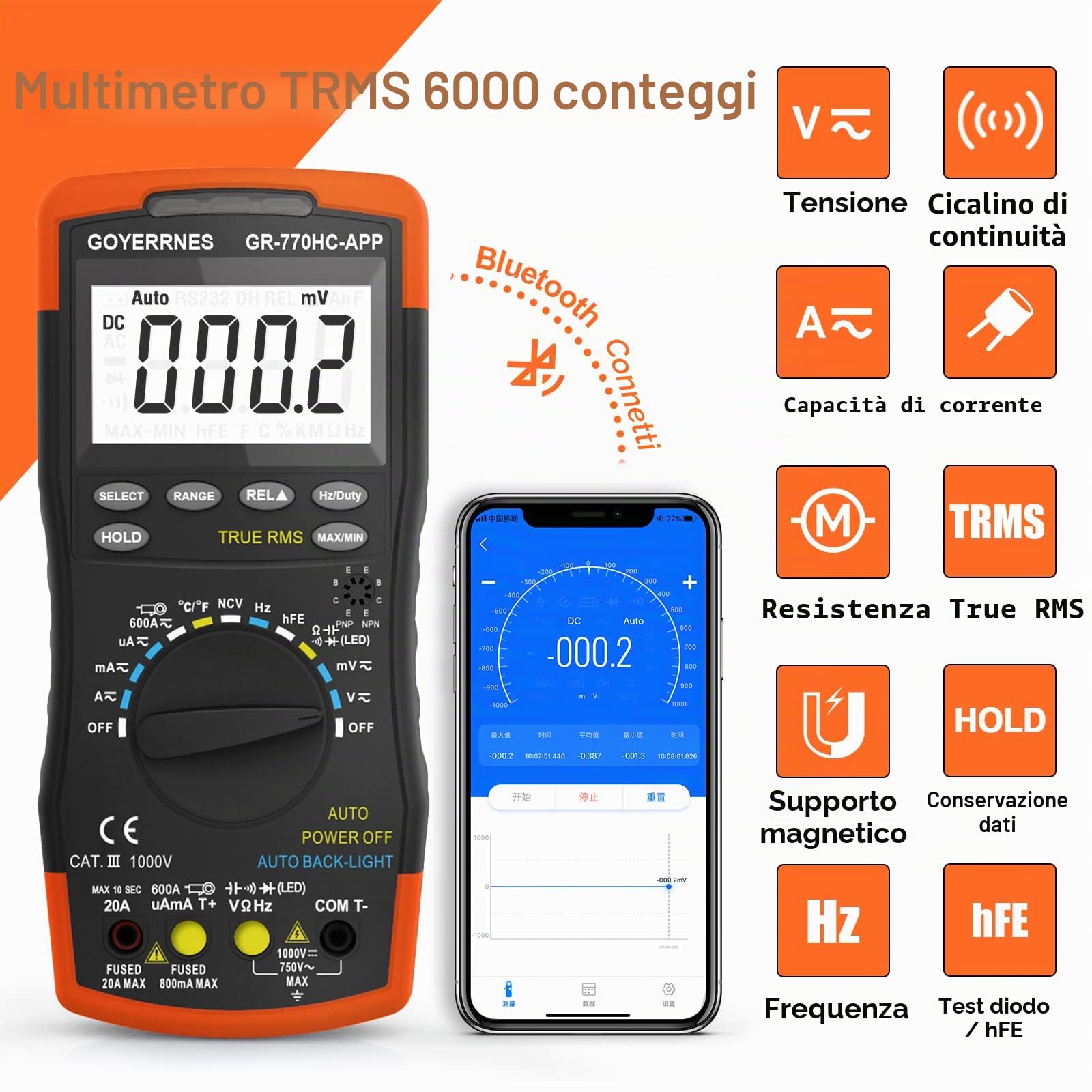 Multimetro digitale conta l'amplificatore AC DC metro senza contatto, Misuratore di ampere AC DC senza contatto con gamma automatica con APP mobile per misurazione di volt ampere ohm temperatura,