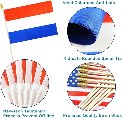 Miniatura 3 de QQSD Banderas de mano pequeñas de Países Bajos, bastón de madera maciza con punta de lanza, paquete de 12