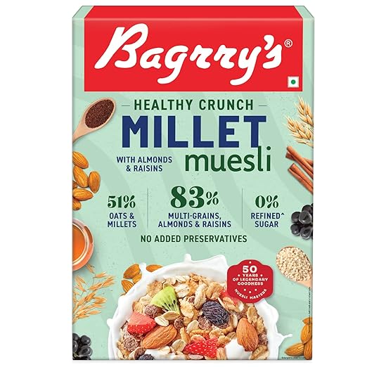 Bagrry's Healthy Crunch Millet Muesli 500g Box | Almond 'N' Raisins | 51% Oats & Millets | No Added Preservative | 0% Refined Sugar | Multi-Grain Breakfast Cereal |Californian almonds | Crunchy Muesli