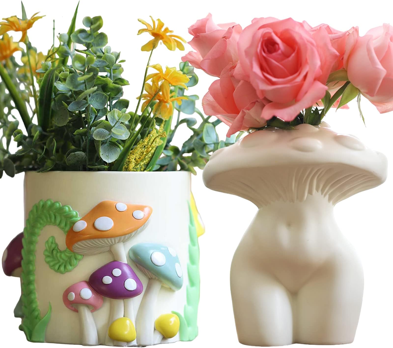 GUGUGO Colorful Mushrooms Planters & Mushroom Lady Body Vase for Flower(White)