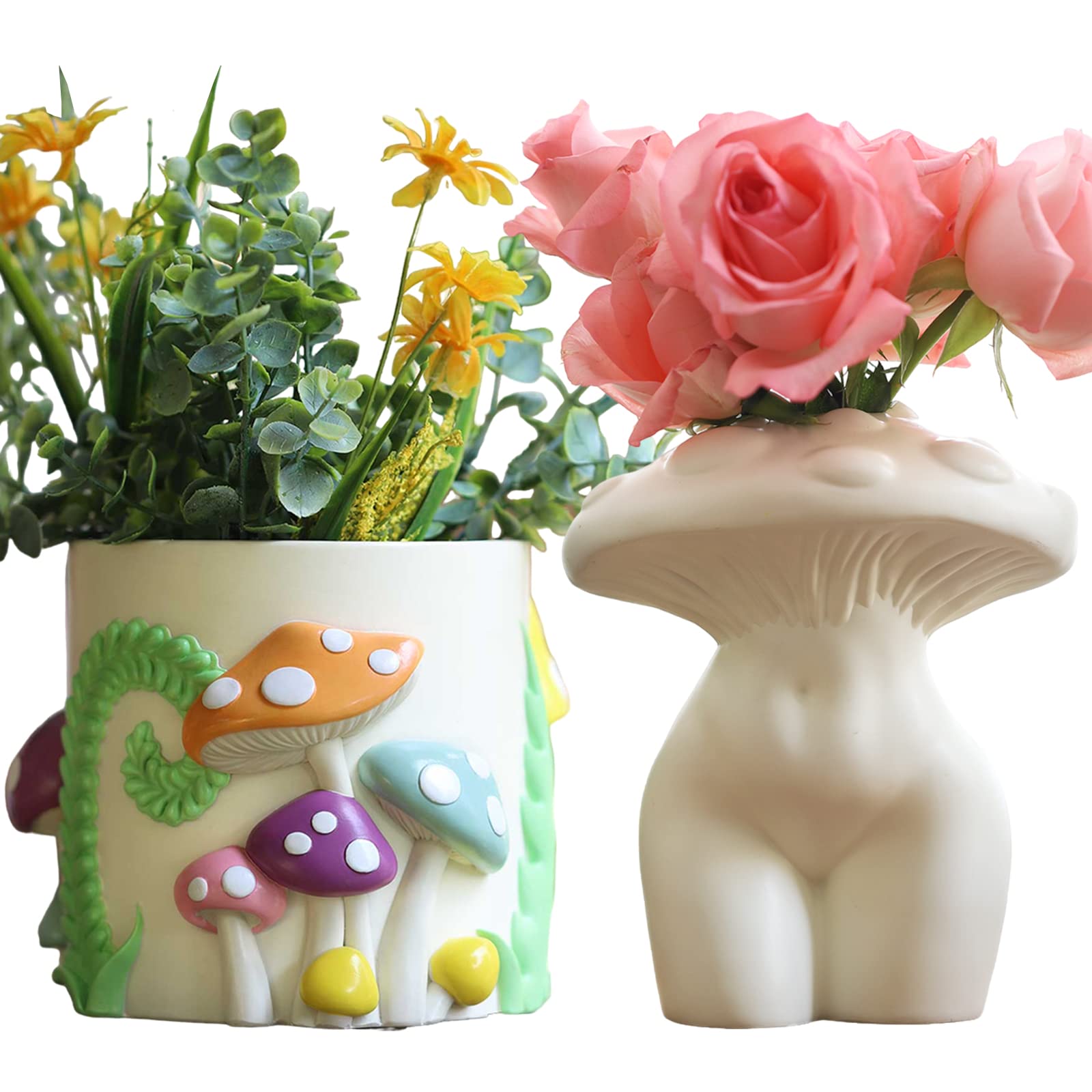 GUGUGO Colorful Mushrooms Planters & Mushroom Lady Body Vase for Flower(White)