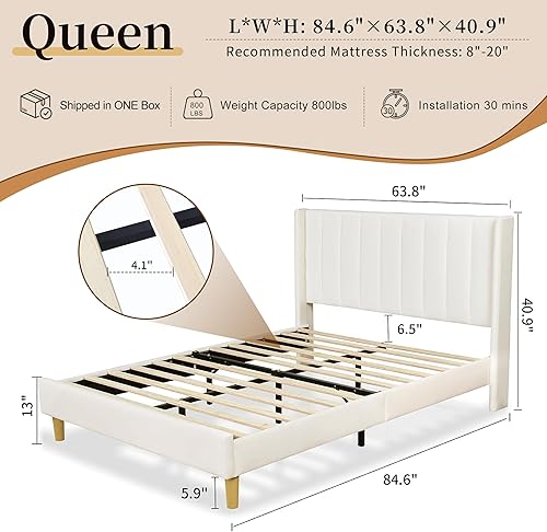 Miniatura 2 de QNZK Base de cama tapizada con cabecero y listones de madera fuertes, no necesita somier, pie de madera silencioso fácil de montar (crema, Queen)