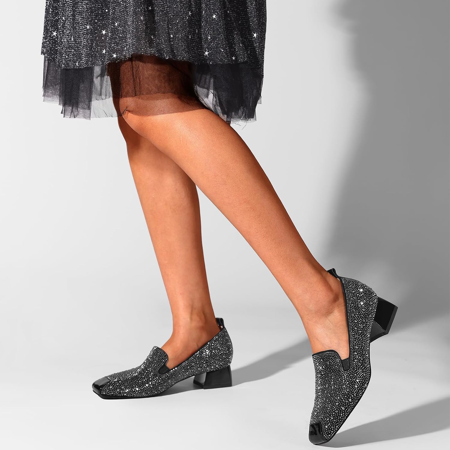 TDD Low Heel Dress Shoes for Women 1 Inch Chunky Block Loafers Square Toe Closed Pumps Vintage Dressy Comfortable Zapatos Width Classy Rhinestone Crystal Formal Elegantes Pump