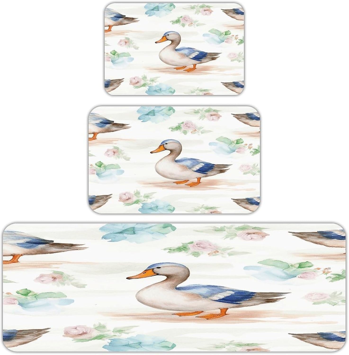 Watercolor Duck Kitchen Rugs Set of 3 Non Slip Washable Kitchen Mats for Floor Soft Area Rug Kitchen Floor Mat Cushioned Anti Fatigue Mats Standing Sink Mat Decor Runner Rugs