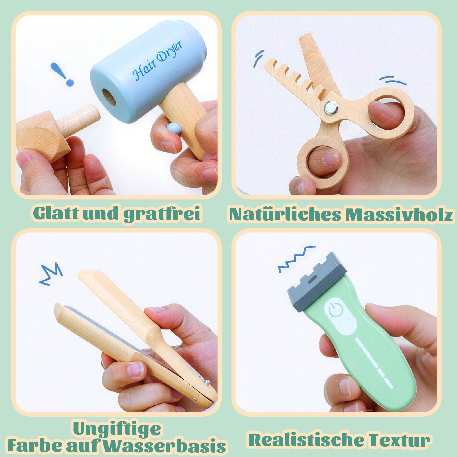 Holz Friseurkoffer Set für Mädchen – Kinder Spielzeug Geschenk Friseur Werkzeugkoffer mit Glätteisen Kamm Spiegel und Styling-Zubehör Beauty Make-up-Spielzeug Friseur Rollenspiel für Kinder