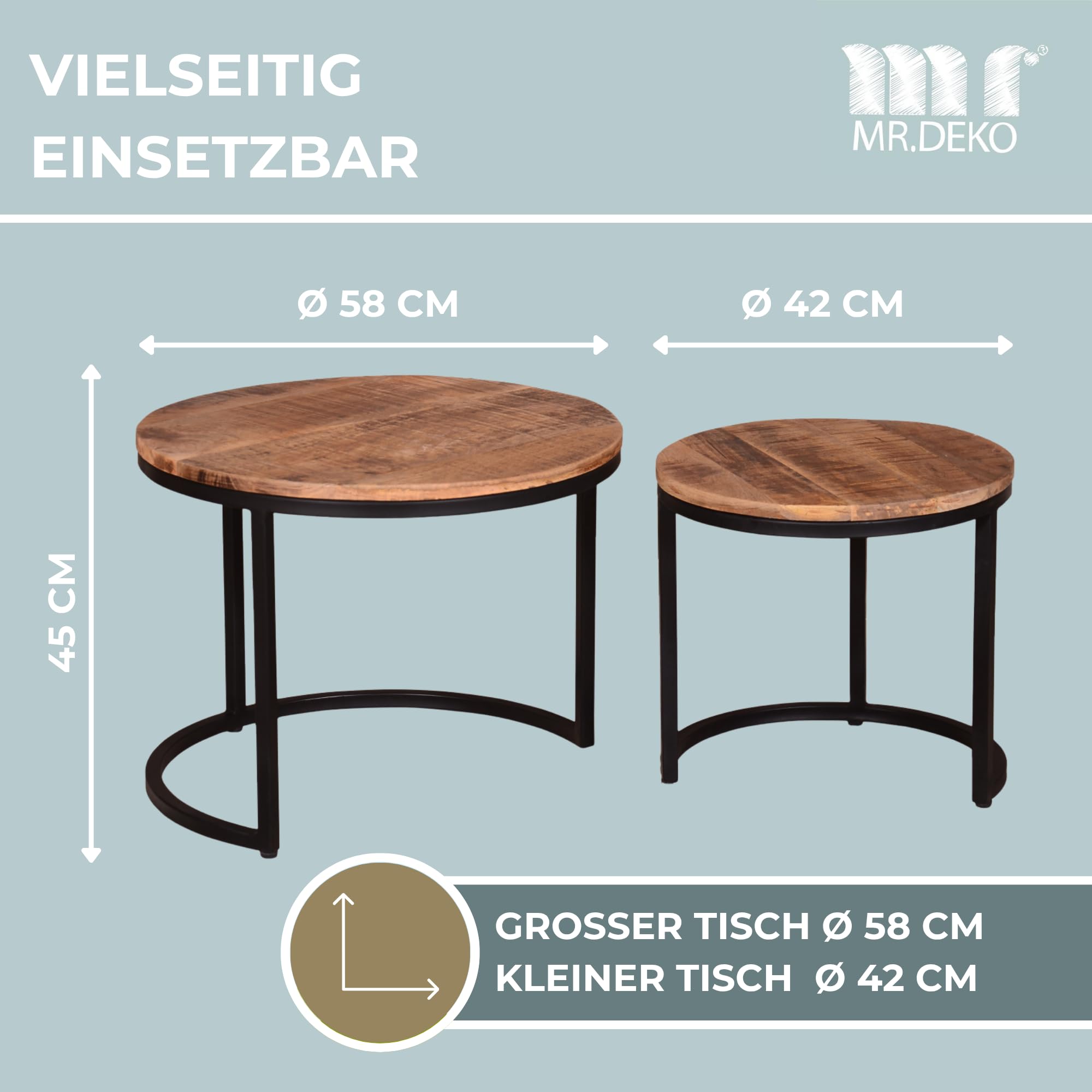 MR. DEKO Wohnzimmer Set Aliano Blau | Sessel-Set 2er mit Armlehnen & Beistelltisch Fermo Mangoholz | Polstersessel Stoff | Lounge-Set Wohnzimmer | Modernes Wohnmöbel-Set |2 Holztische rund