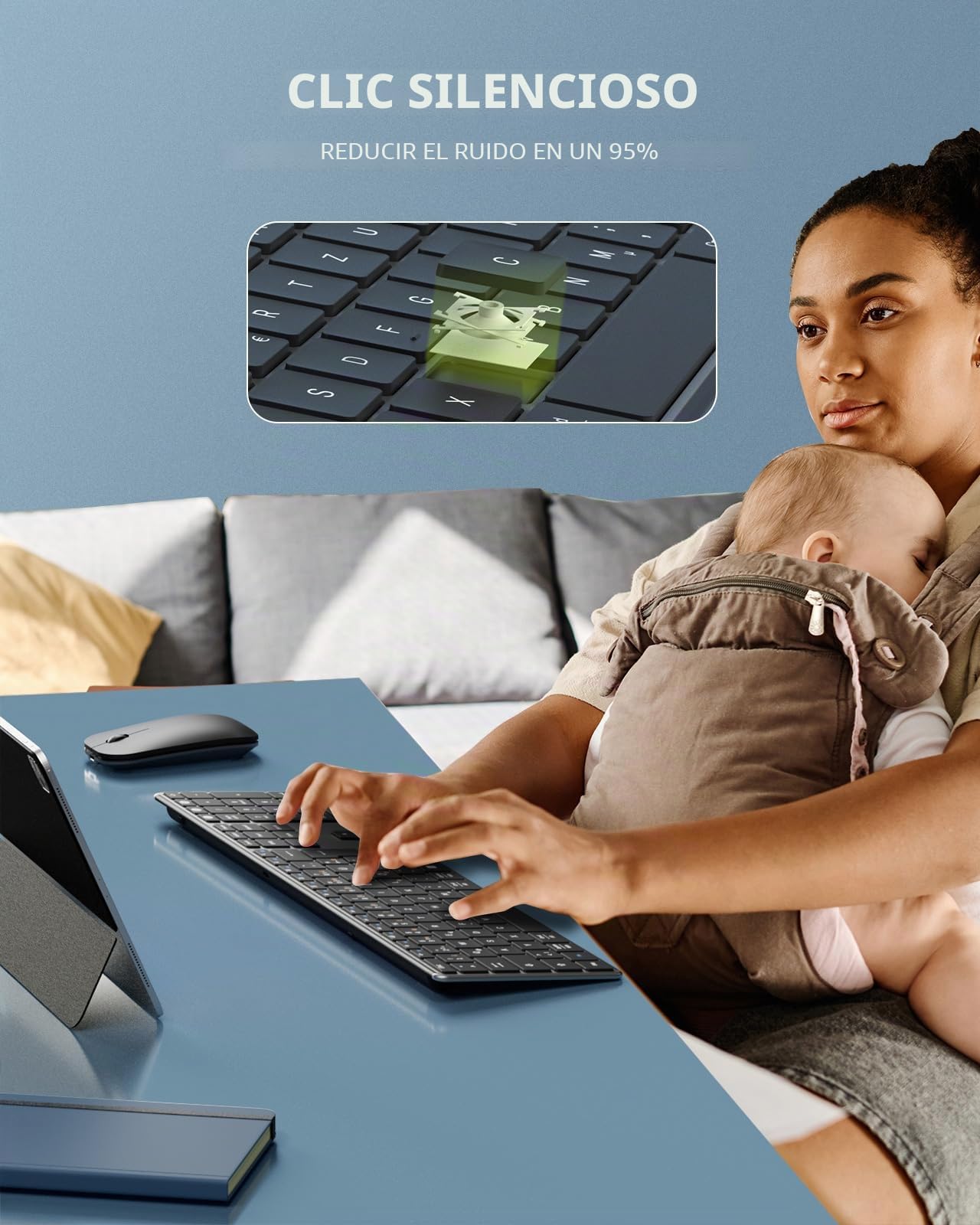 seenda Teclado y ratón inalámbricos, multidispositivo, USB y Bluetooth, juego de ratón para PC, teclado inalámbrico recargable ultrafino con ratón para Windows/Mac OS/Android, diseño QWERTZ (gris)