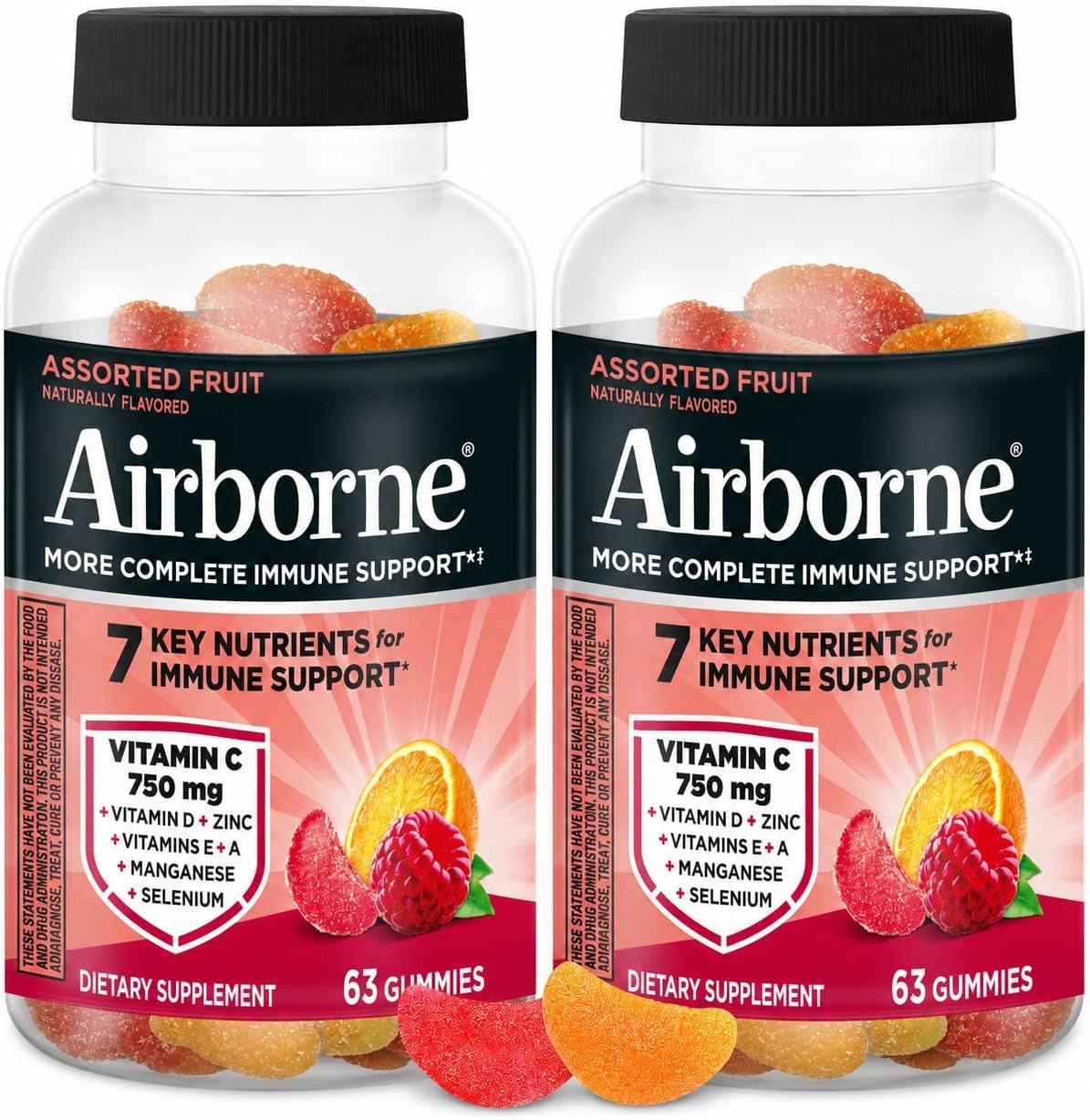 Airborne 750mg Βιταμίνη C Gummies για ενήλικες, Gummies Ανοσοποιητική Υποστήριξη με Ισχυρό Αντιοξειδωτικά VIT C & E, Καφεΐνη Δωρεάν - 2x63ct Μπουκάλι (42 Σερβίρει), Ποικιλόμορφη Γεύση Φρούτων