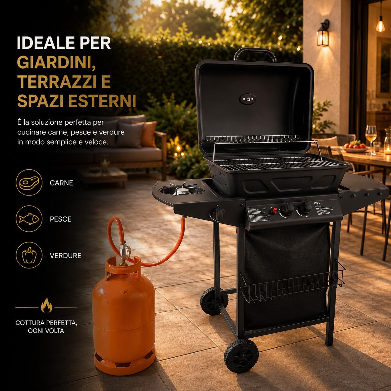 Barbecue a Gas con Pietra Lavica 2 Bruciatori + Fornello Laterale 8kW Area di Cottura 48 × 37cm Griglia in Acciaio Coperchio con Termometro e Ruote per Giardino