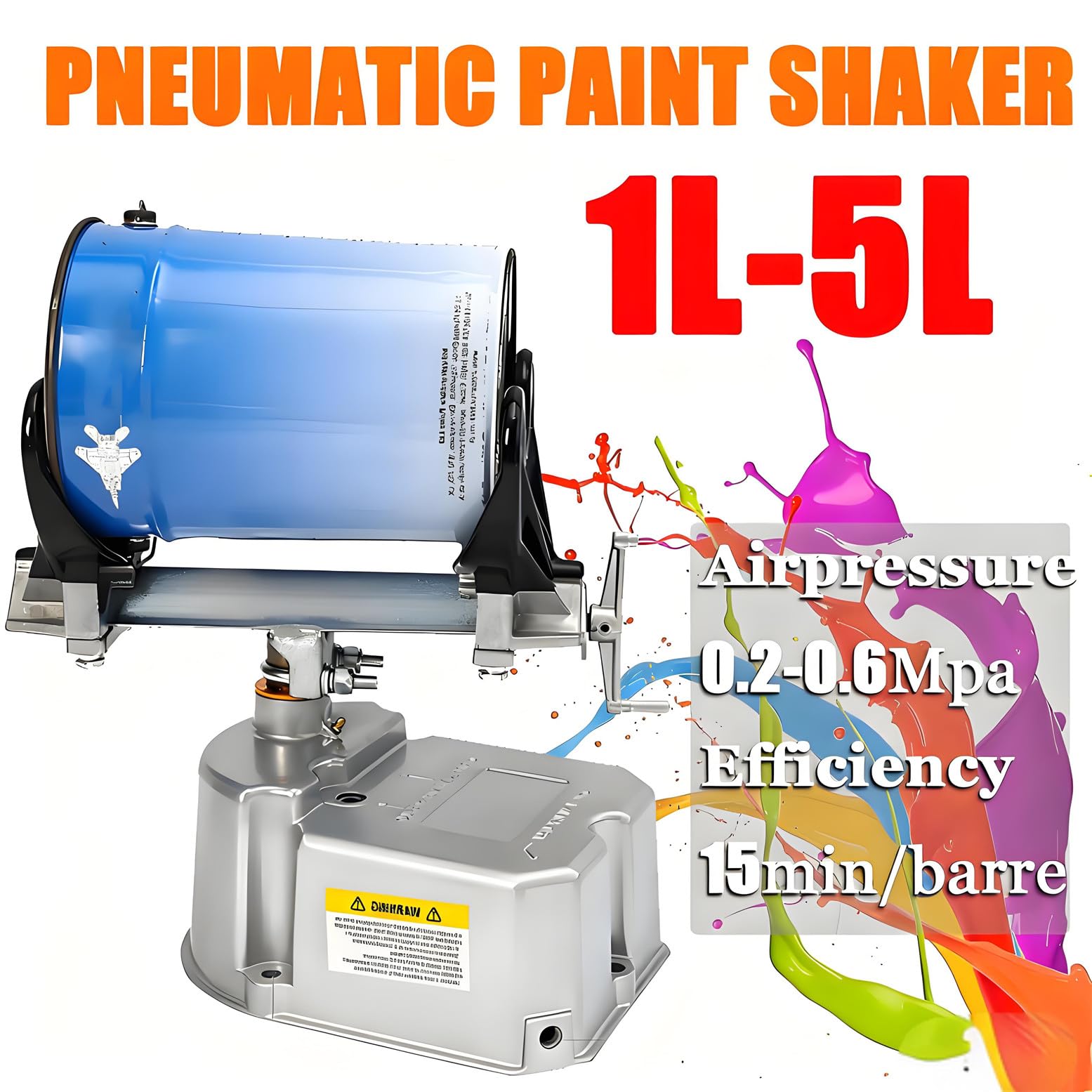 Pneumatyczna maszyna do mieszania farb, regulowana do średnicy beczki 80-250 mm, wydajny 15-minutowy cykl dla puszek 1-5 kg, oscylacja 30°, prędkość 0-500 obr./min
