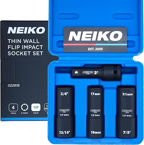 NEIKO 02281B Juego de llaves de vaso de impacto de 12 pulgada  4 piezas  SAE y MM  Barra de extensión de 3 pulgadas  Acero Cr-Mo  Servicio de