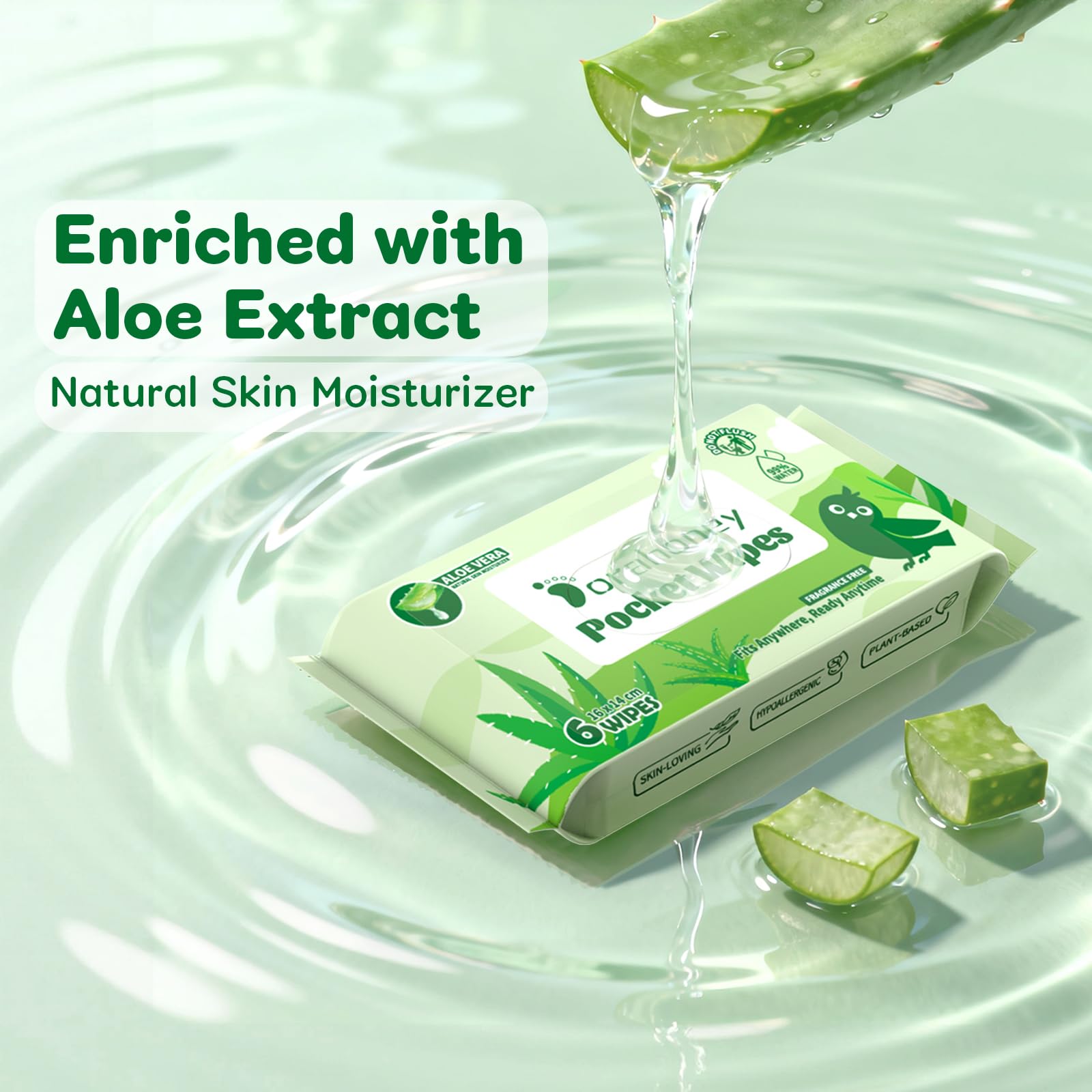 Lingettes Humides de Voyage à l’Aloe Vera, Format Mini Poche, 99% Eau, Sans Parfum, Hypoallergéniques, pour Adultes, Enfants et Bébés, Lingettes Mains & Visage, 8 Paquets (48 Lingettes)