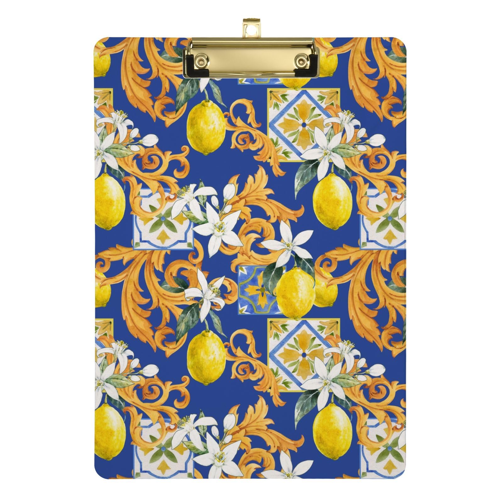Clipboards Sicilian Style Golden Flowers Lemons Writing Board Paperboard Chic Design Clipboard for Classrooms, Restaurants, School, Low Profile Silver Clip Retractable Hanging Tab, 12.5" x 9"