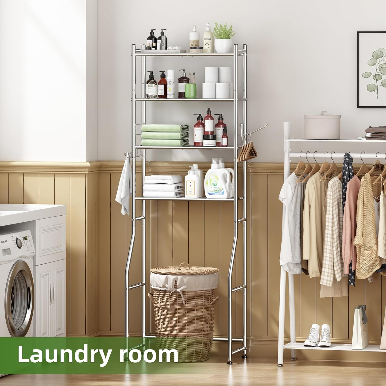 Over The Toilet Storage Cabinet, Metal 4 Tier Bathroom Shelves Over Toilet, Bathroom Oragnizer with 4 Hooks and Paper Holder, Chrome