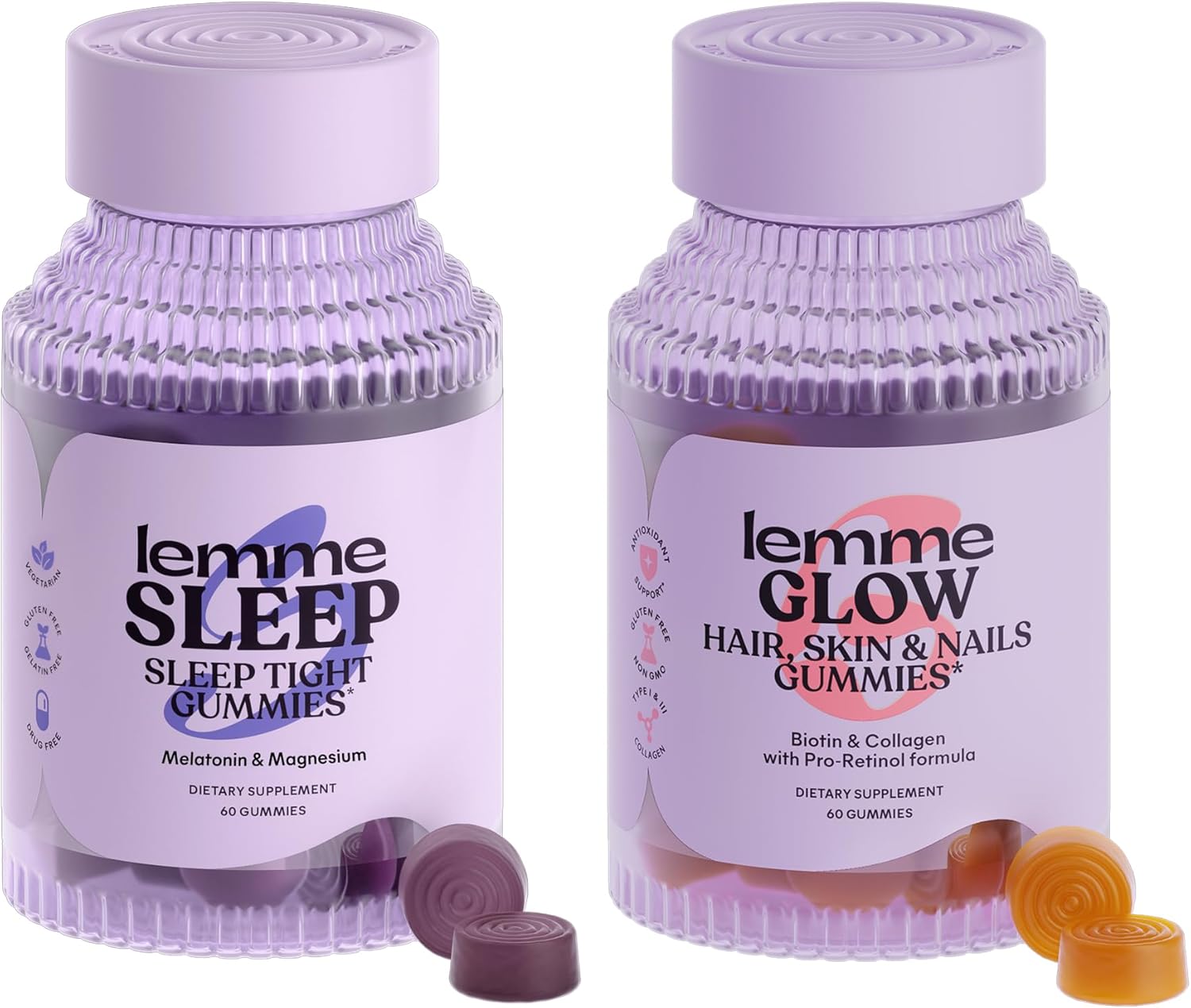 Lemme Sleep & Glow Bundle - Sleep Gummies, a Drug-Free Nighttime Aid & Glow Biotin & Collagen Hair Gummies for Strong, Thick Hair & Reduced Shedding - Gluten/Gelatin Free, Non-GMO - 60 Ct. Each
