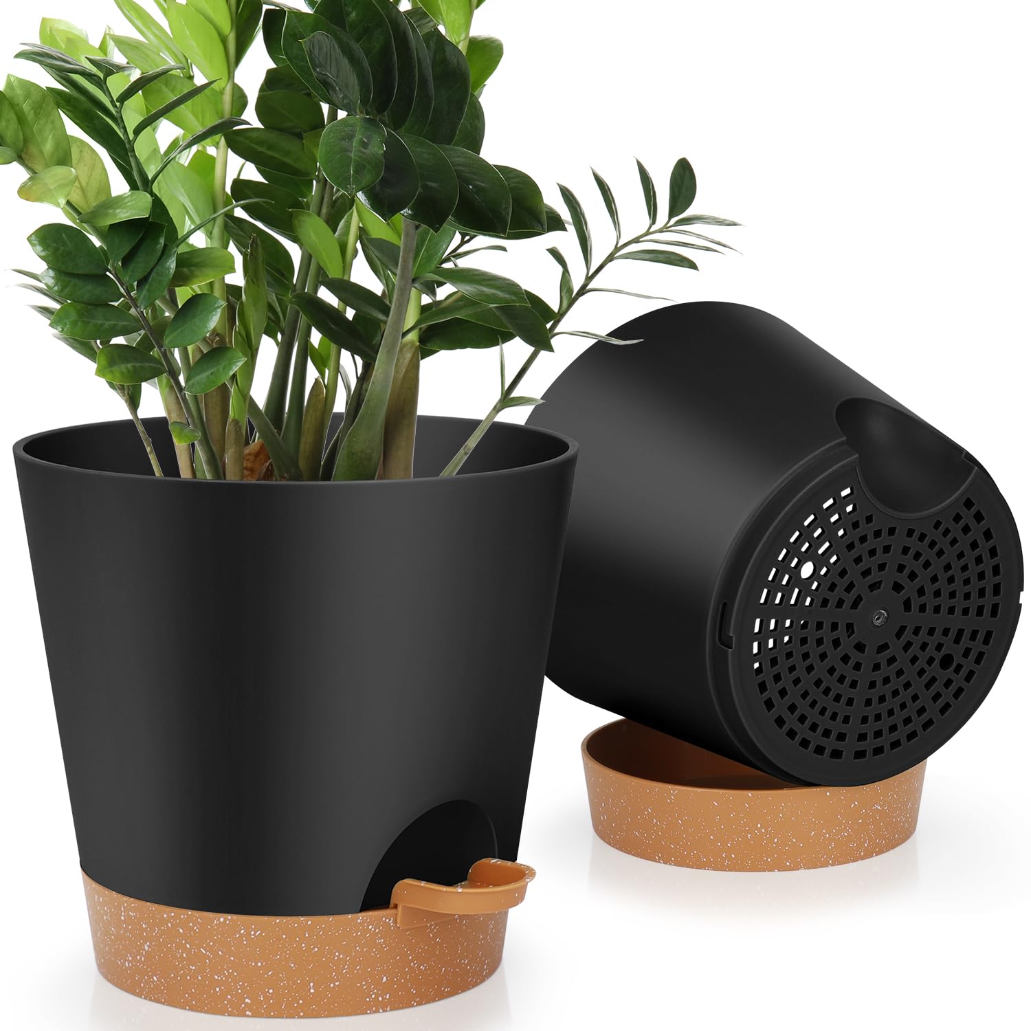 YNNICO 8-Inch Plant Pots, Self-Watering Planters with Drainage Holes & Saucers for Indoor and Outdoor Plants (2-Pack,Black)
