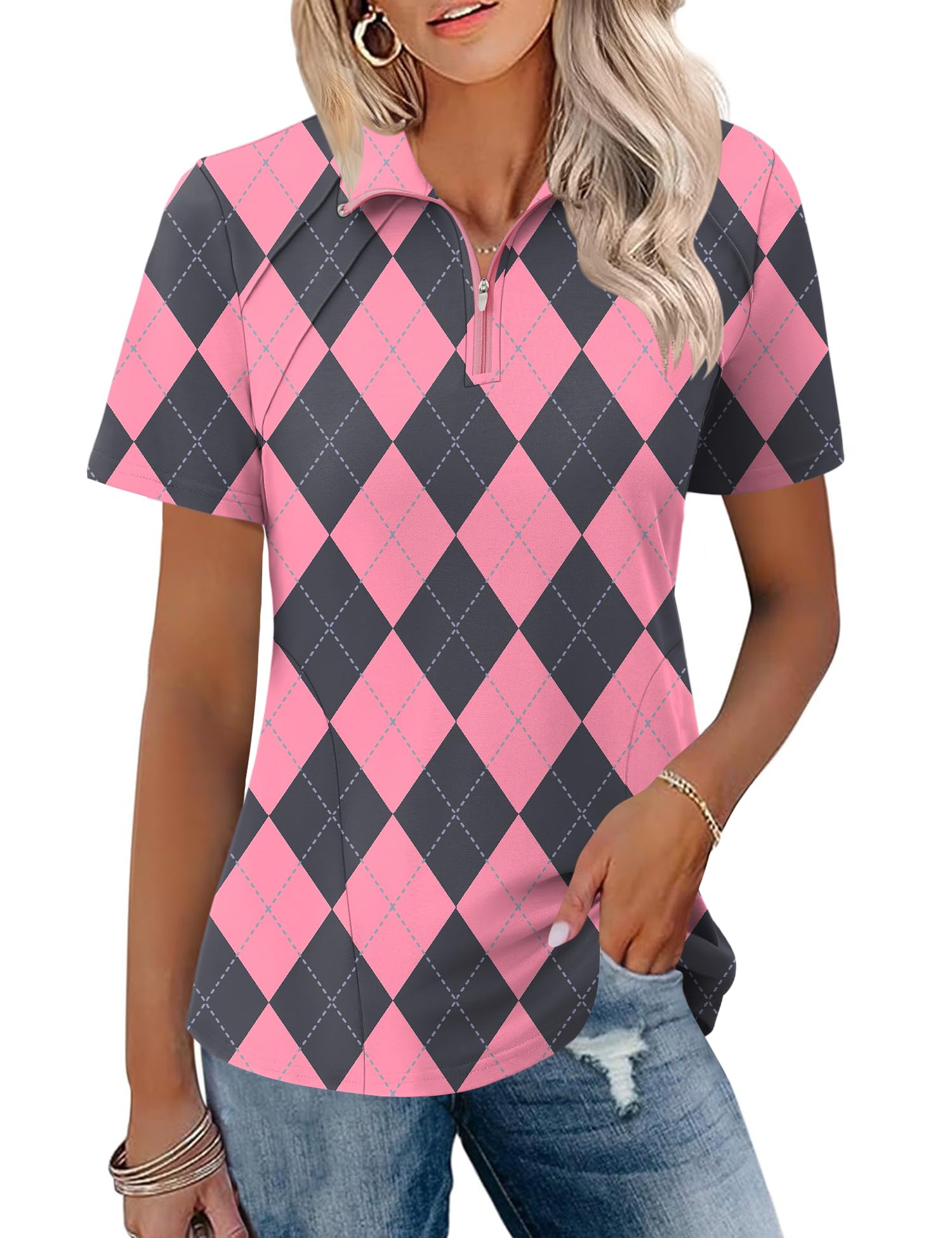 LOMON Womens Golf Polo Shirt Summer Short Sleeve Quarter Zip Outfit