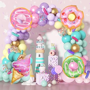 Amandir 139pcs Pastel Donut Balloon Arch Kit Birthday Party Decorations | Sprinkles Confetti Pastel Sweet One Donut Ice Cream Foil Balloons for Grow Up Girl Party Decorations Supplies
