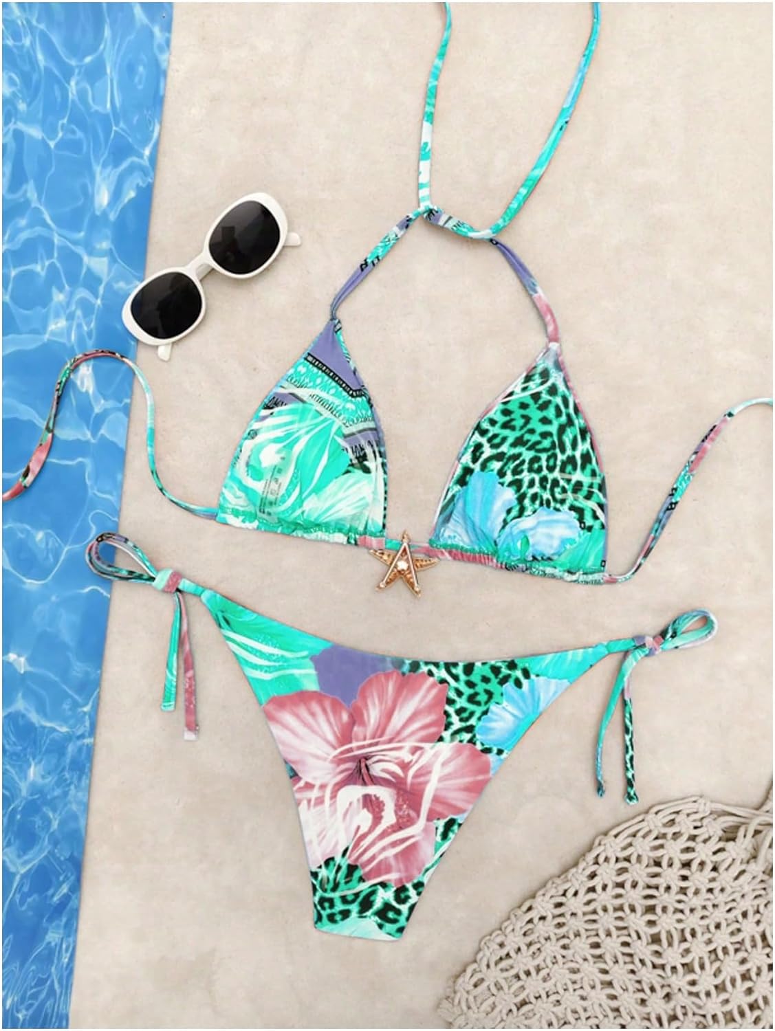 QJQ Women's 2 Piece Bikini Sets Floral Leopard Starfish Metal Triangle Bathing Suit Cheeky String Swimsuit - Image 3