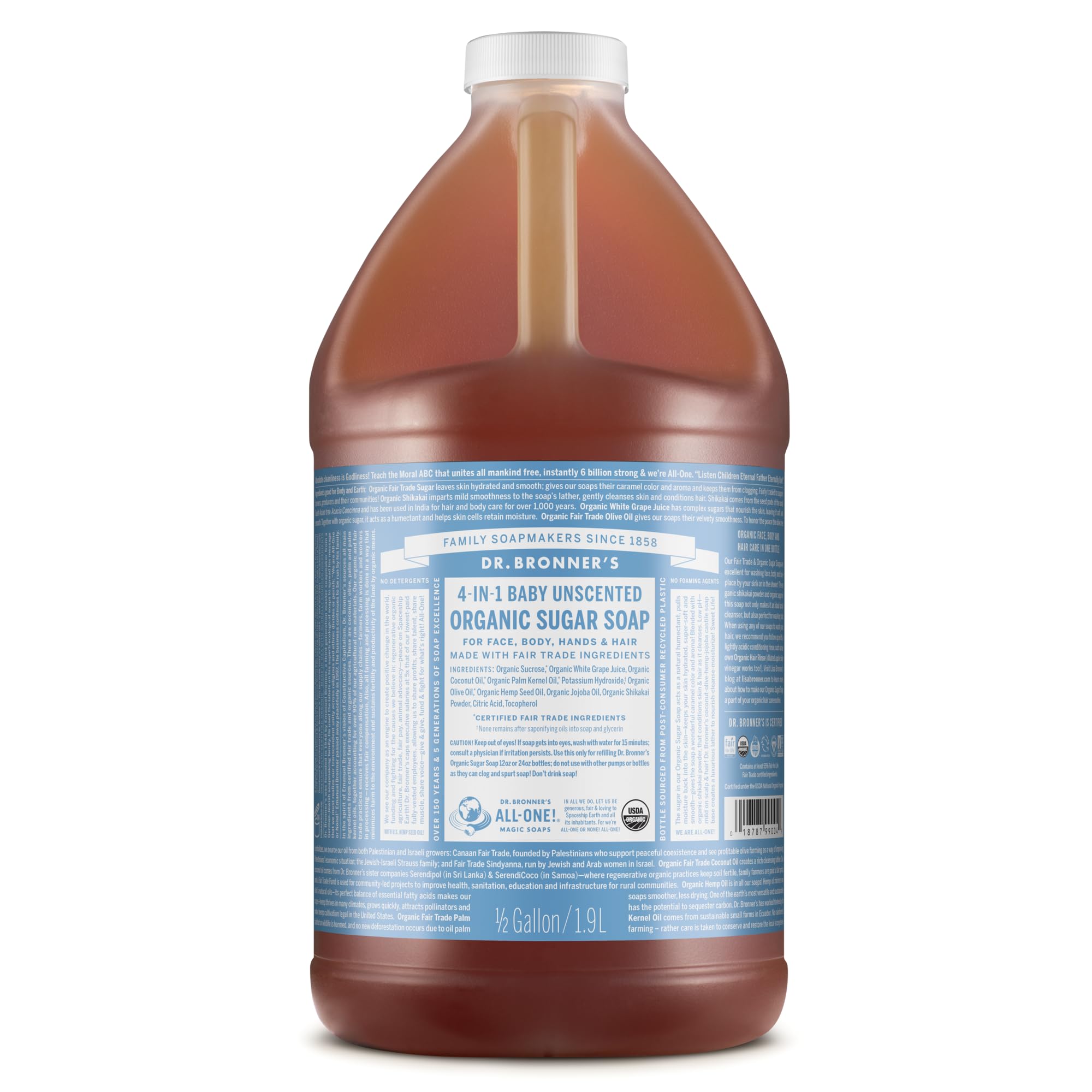 Dr. Bronner’s - Organic Sugar Soap (Baby Unscented, 64 Ounce) - Made with Organic Oils, Sugar and Shikakai Powder, 4-in-1 Use: Hands, Body, Face and