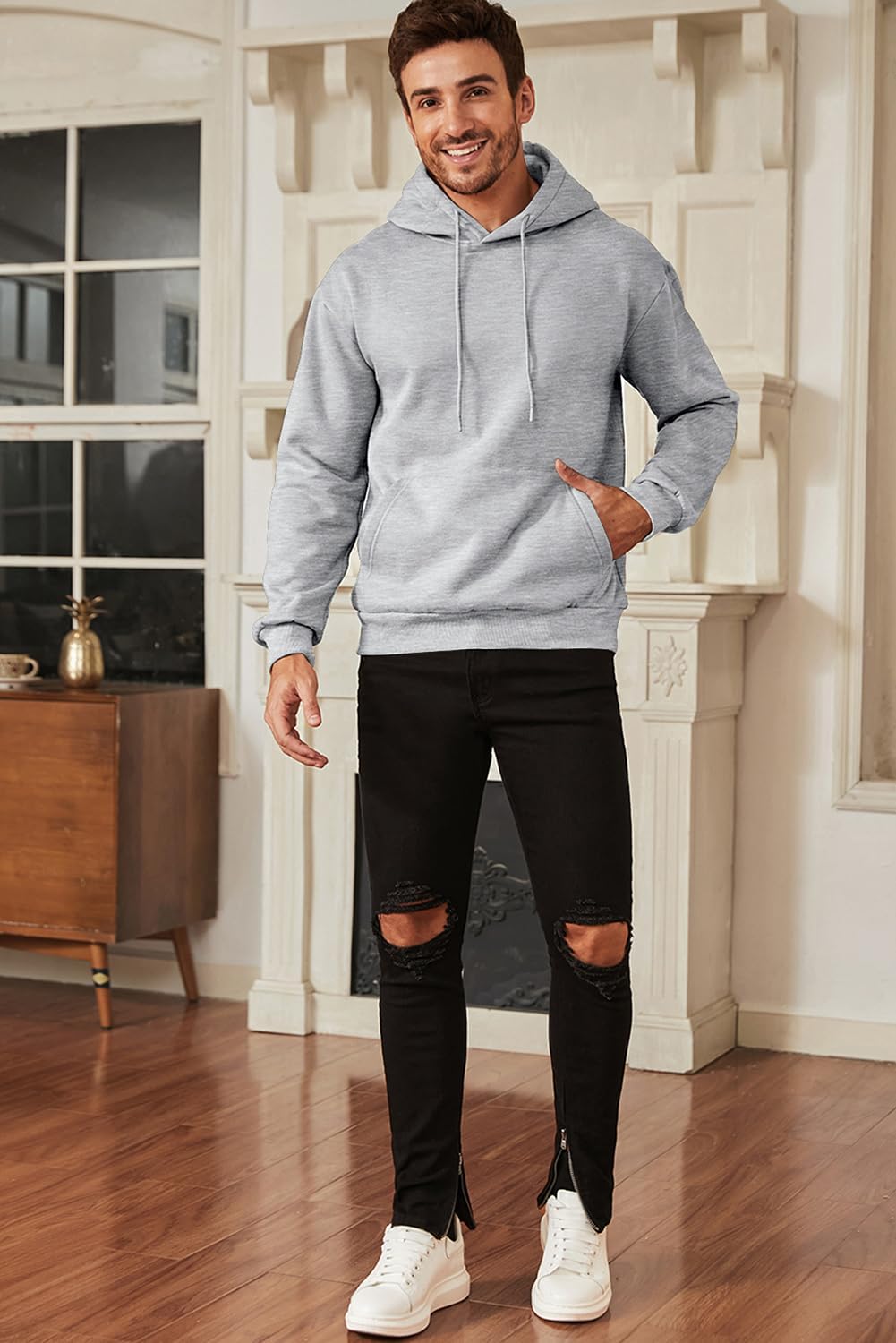 JMIERR Mens Casual Cotton Hooded Collar Drawstring Hoodies Pullover Sweatshirts Casual Long Sleeve Shirts - Image 3