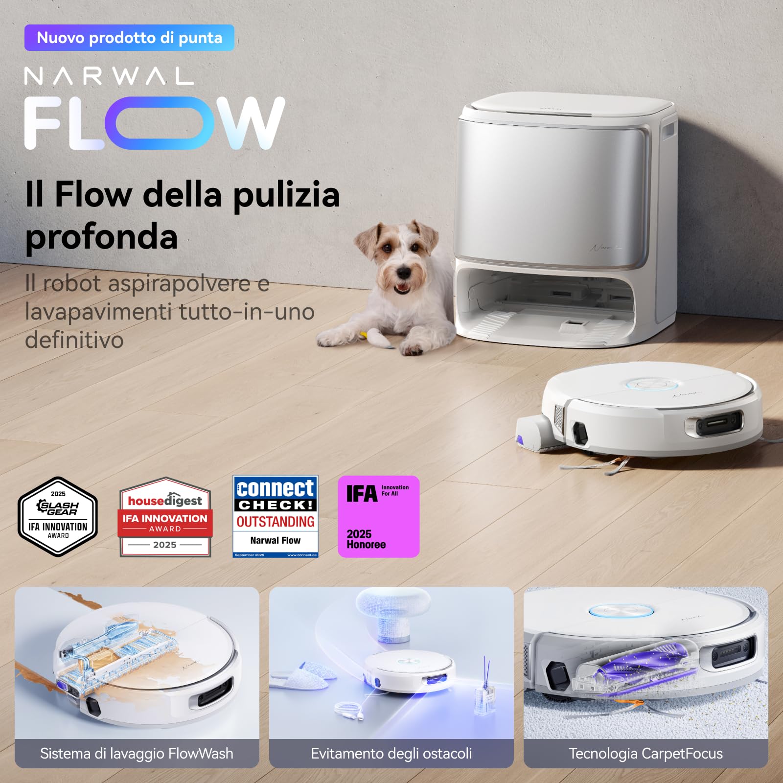 NARWAL Flow Robot Aspirapolvere Lavapavimenti All-in-one FlowWash Autopulizia, Aspirazione 22000Pa, Fotocamera AI, Pulizia Tappeti Autosvuotamento, Acqua 45-80°C e Asciugatura