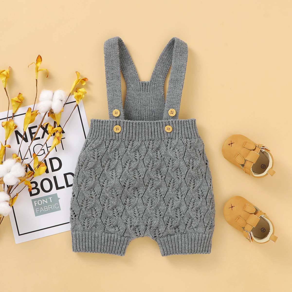 FIOMVA Newborn Baby Girls Boys Knitted Overall Solid Suspender Bib Pants Warm Button Romper Jumpsuit Outfit (Grey,18-24 Months)