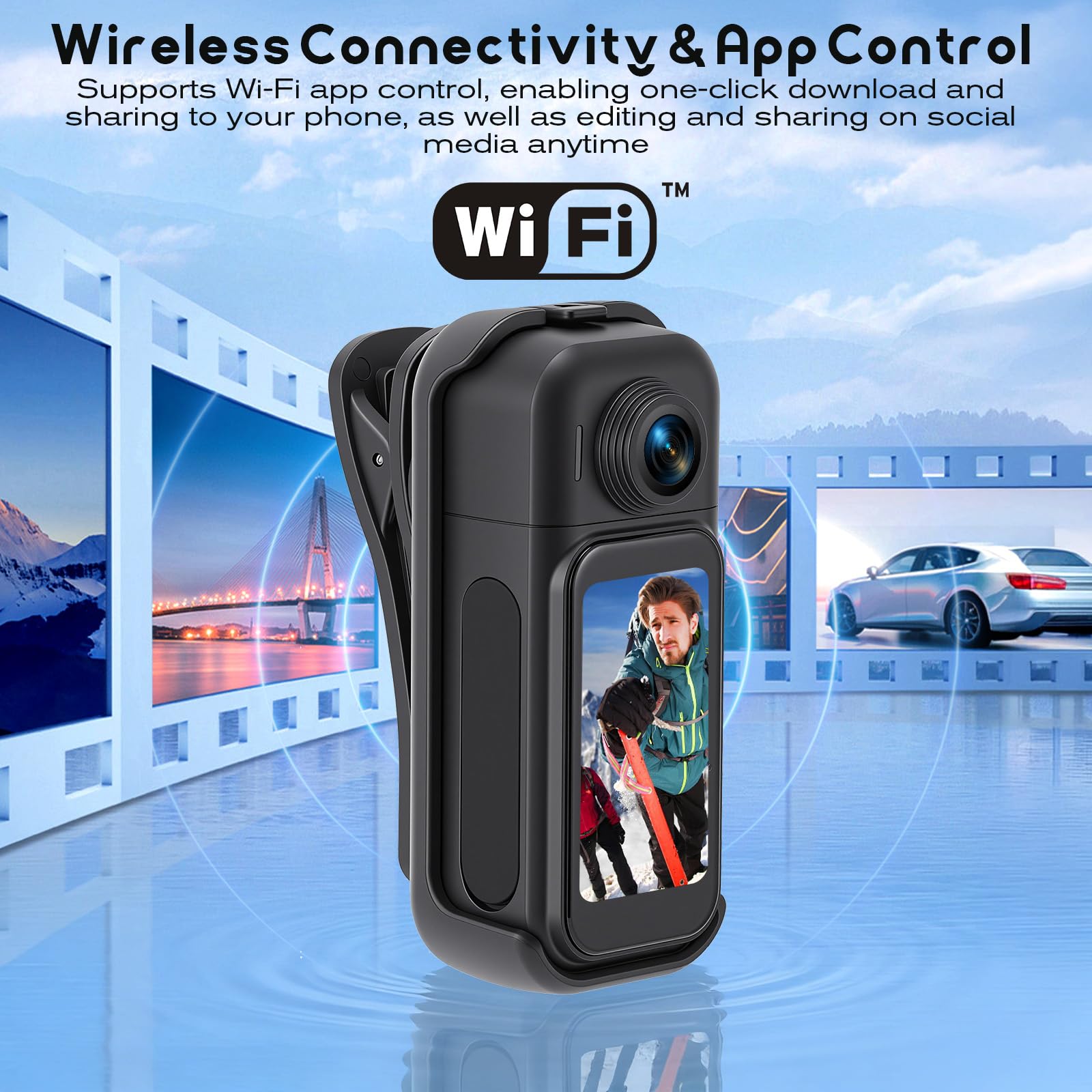 Mini Action Cam mit 180° Rotierendem Objektiv, 1080P, Wasserdicht 30m, 1,47" Touchscreen, Body Cam für Vlog