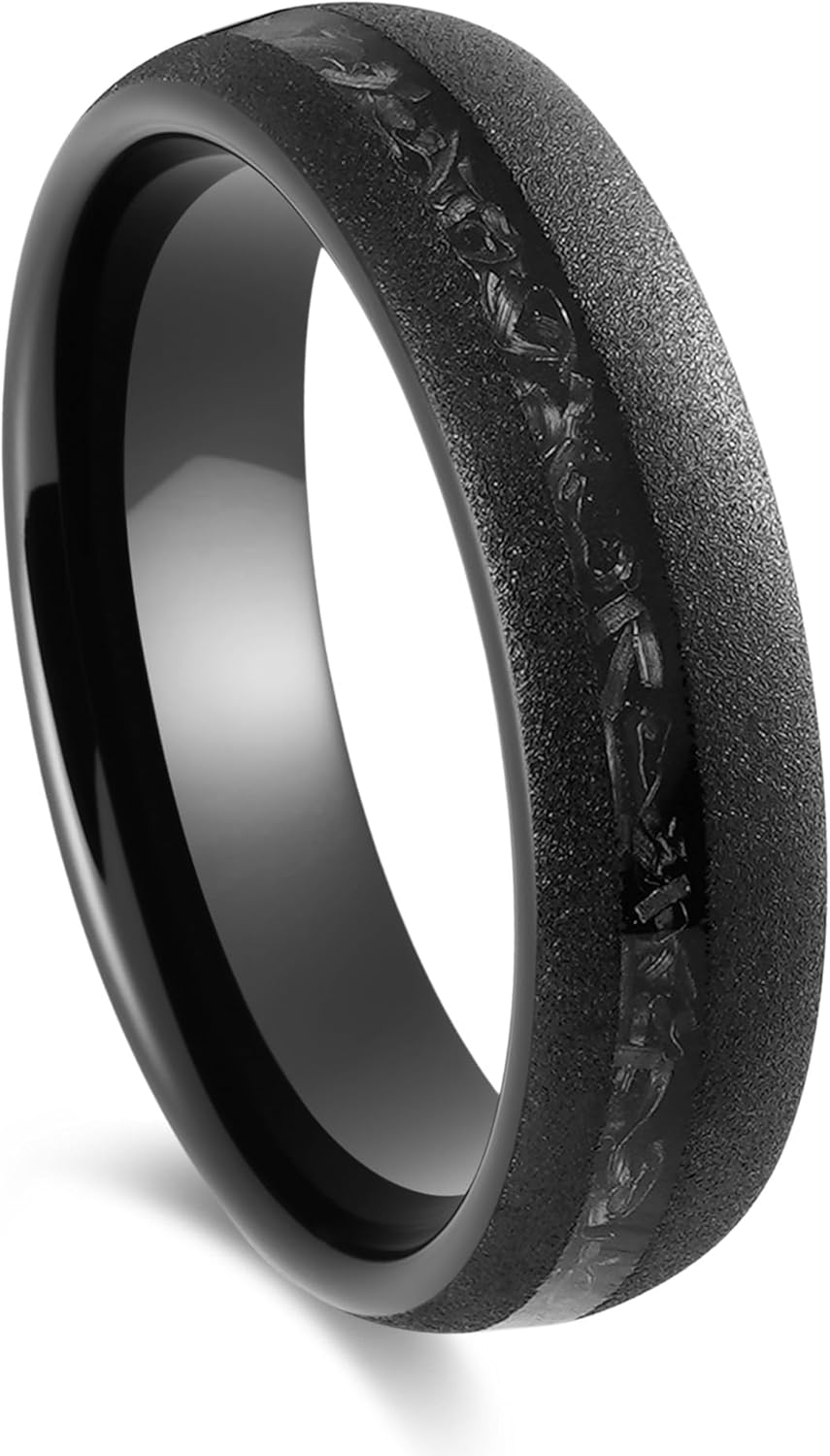Men's Wedding Ring 6mm Black Sandblasted Tungsten Meteorite Inlay – Comfort Fit Mens Wedding Band with Antique Wooden Ring Box