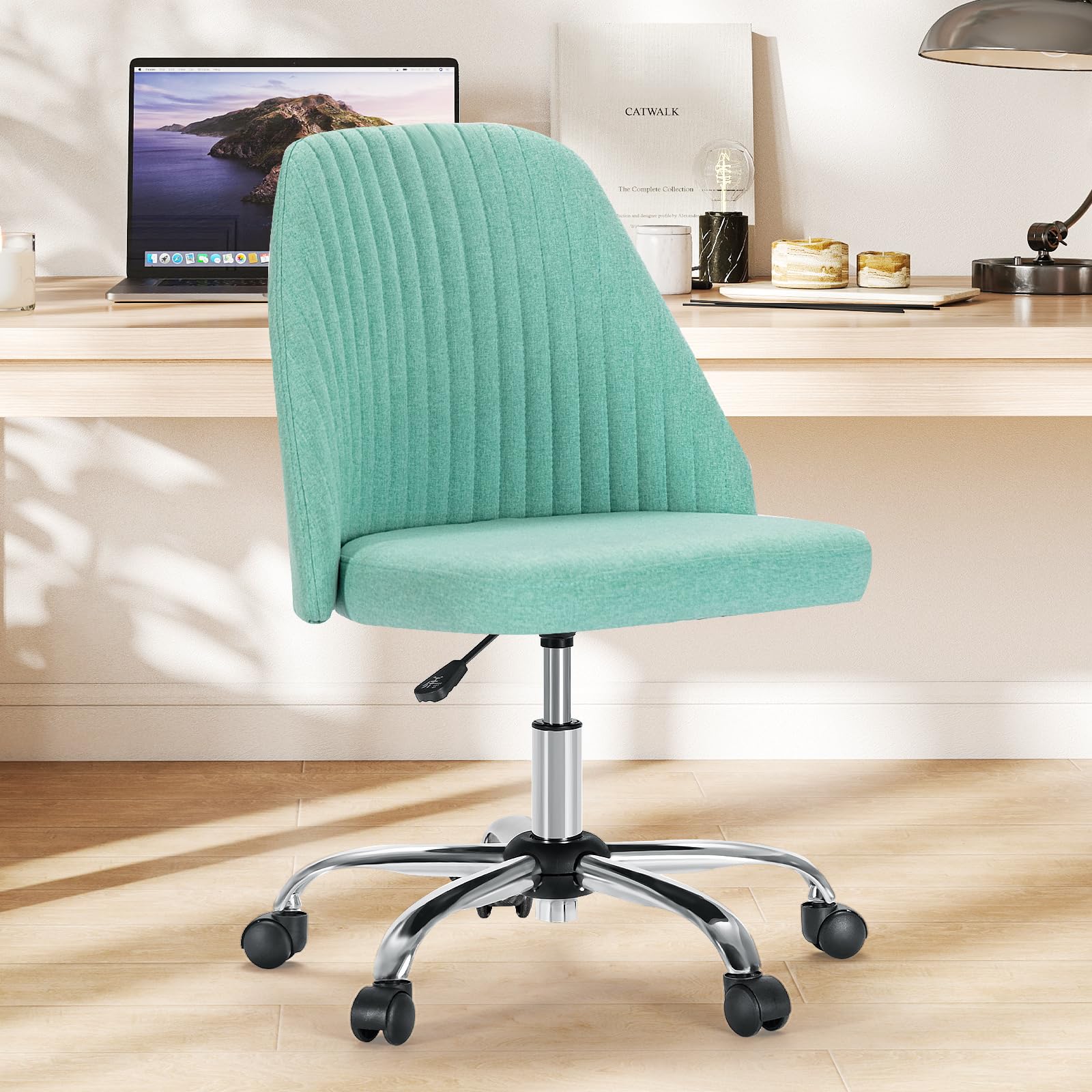Sweetcrispy Armless Vanity Chair, Cute Comfy Home Office Desk Chair with Wheels, Modern Upholstered Task Computer Seat for Bedroom, Study, Makeup Vanity, Height Adjustable & Swivel, Mint