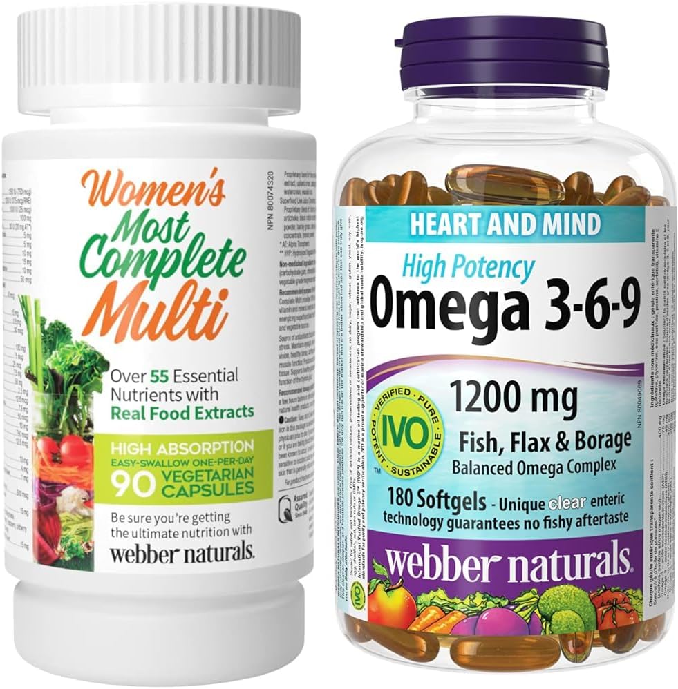 Webber Naturals Most Complete Multi For Women, 90 Capsules, One-Per-Day, Over 55 Vitamins & Omega 3-6-9 1,200 mg Fish Oil, 180 Clear Enteric No Fishy Aftertaste Softgels