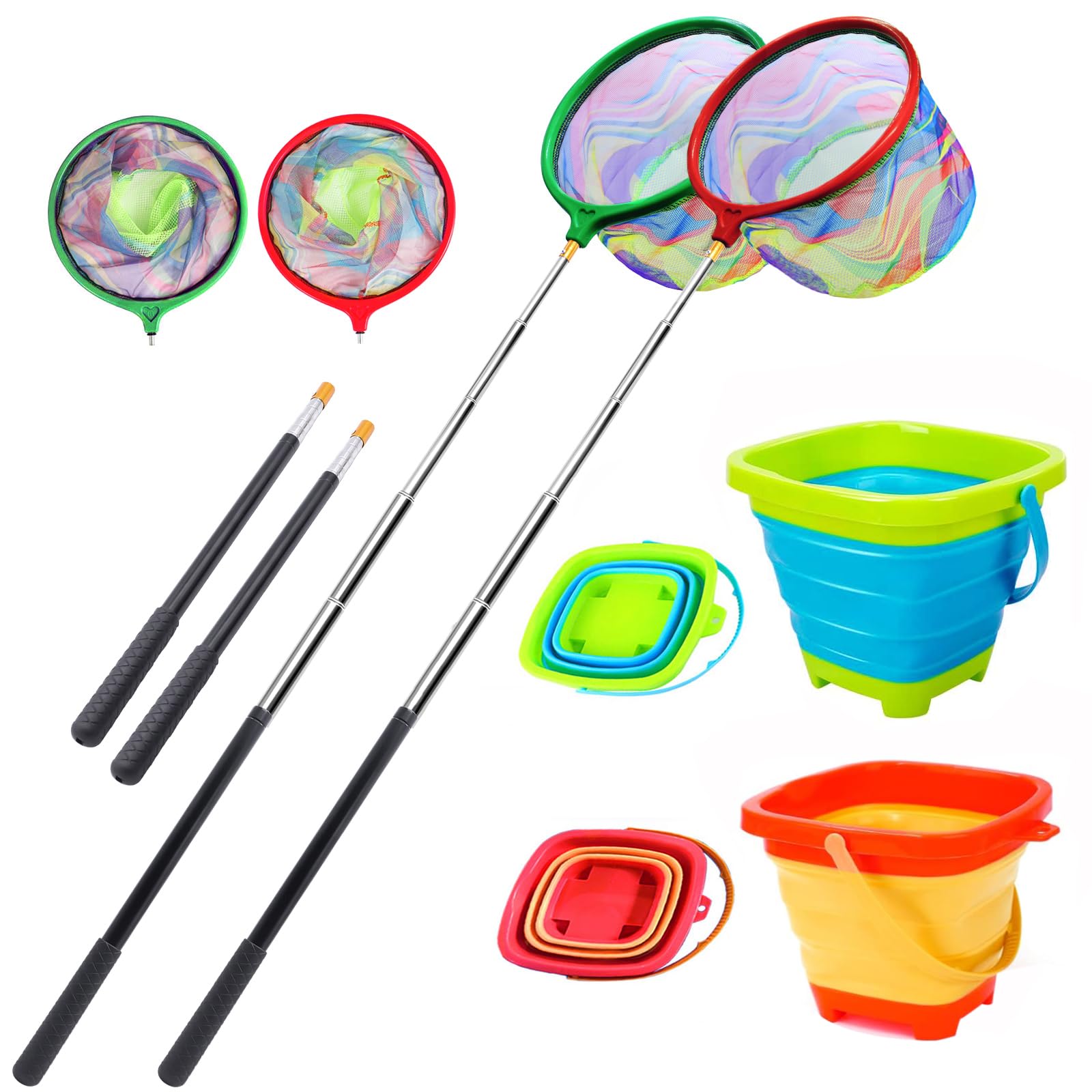 2PCS Fishing Net with Bucket, Telescopic Fishing Landing Net, Collapsible Kids Sand Bucket, Kids Fish Butterfly Catching for Freshwater Saltwater Outdoor Activities