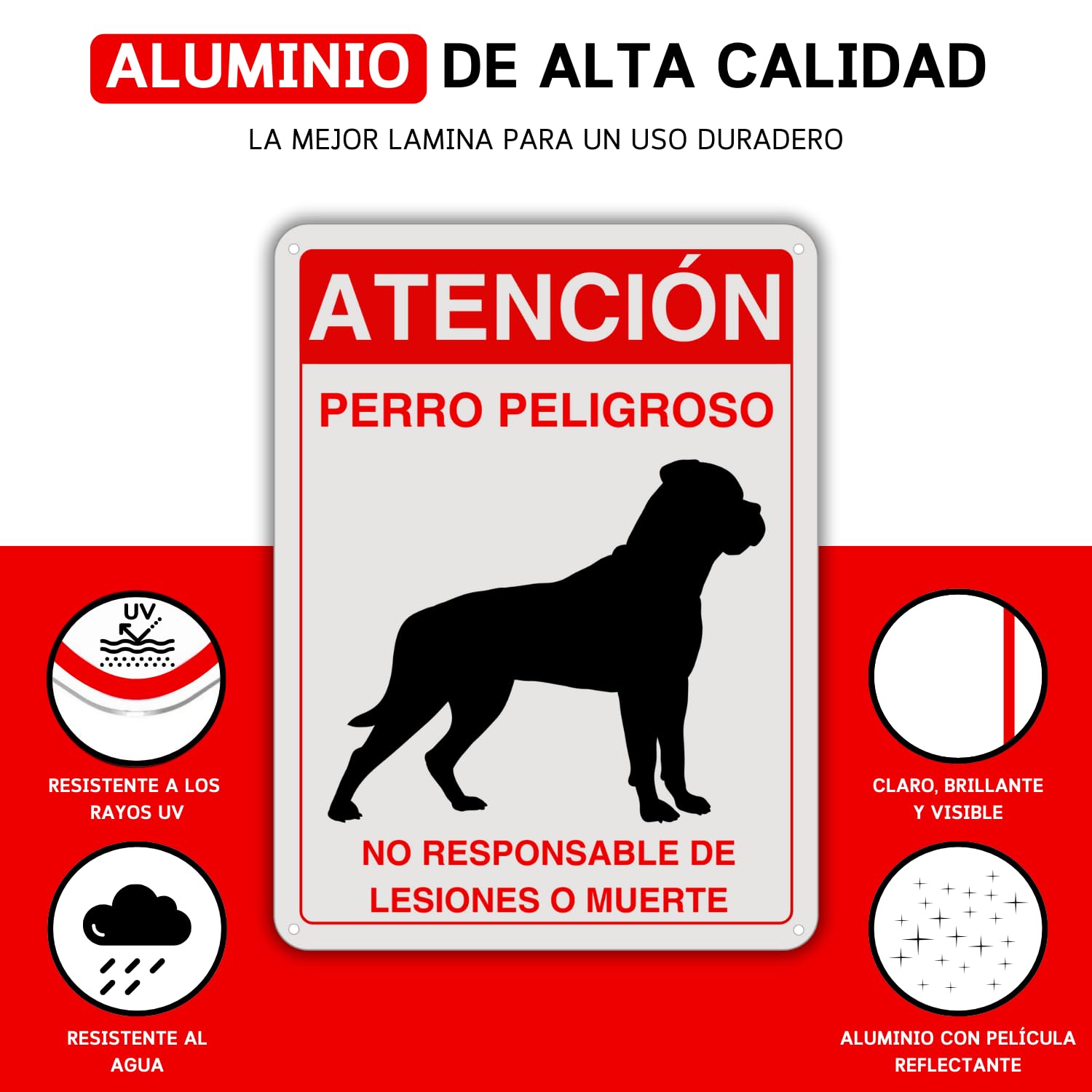 Cartel Perro Peligroso - 21x28 cm - Aluminio Reflectante - Grosor 0,8 mm - Letrero Cuidado Perros - Resistente Exterior - 2 Unidades