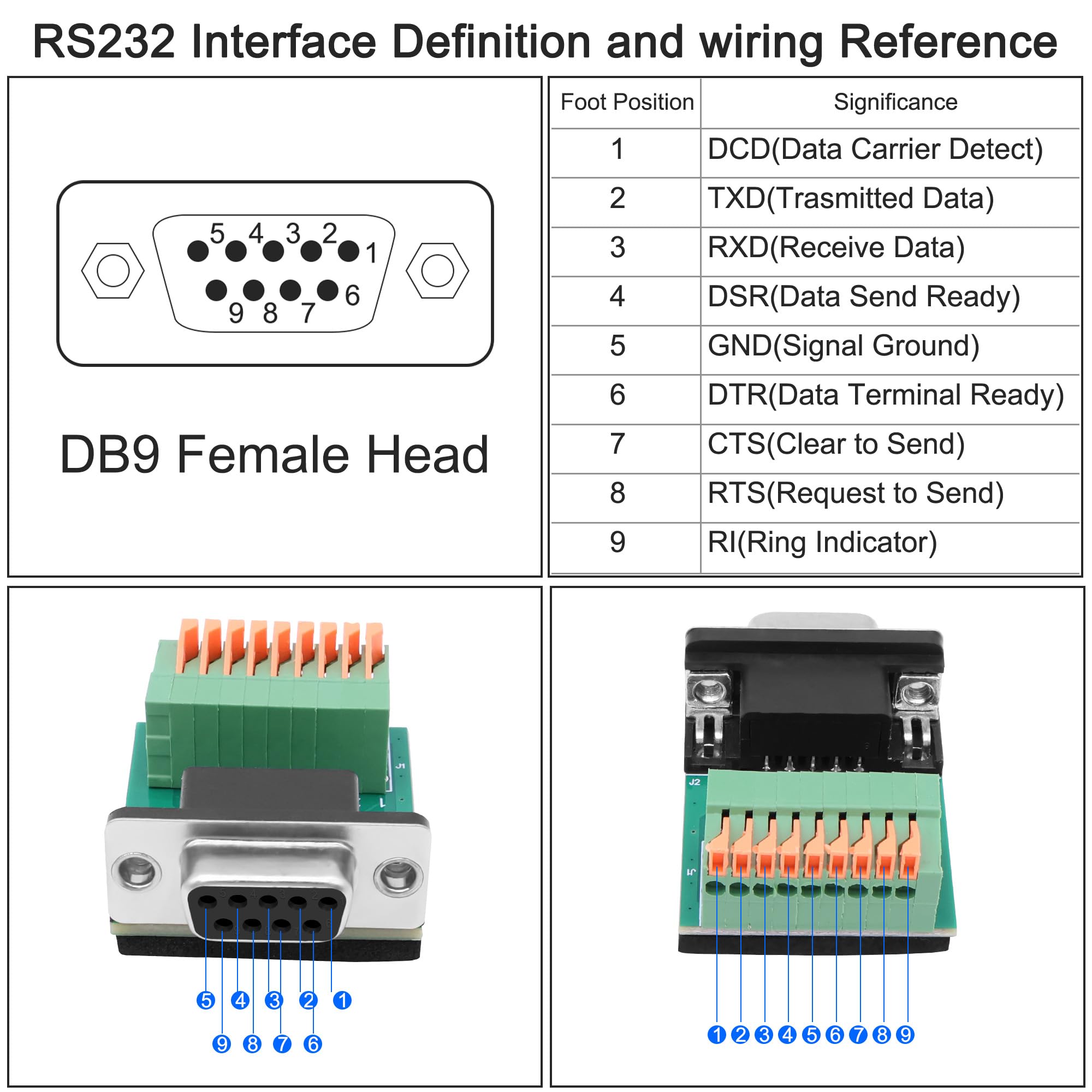 Adaptateur DB9 sans soudure RS232 D-SUB femelle vers connecteur à ressort 9 broches