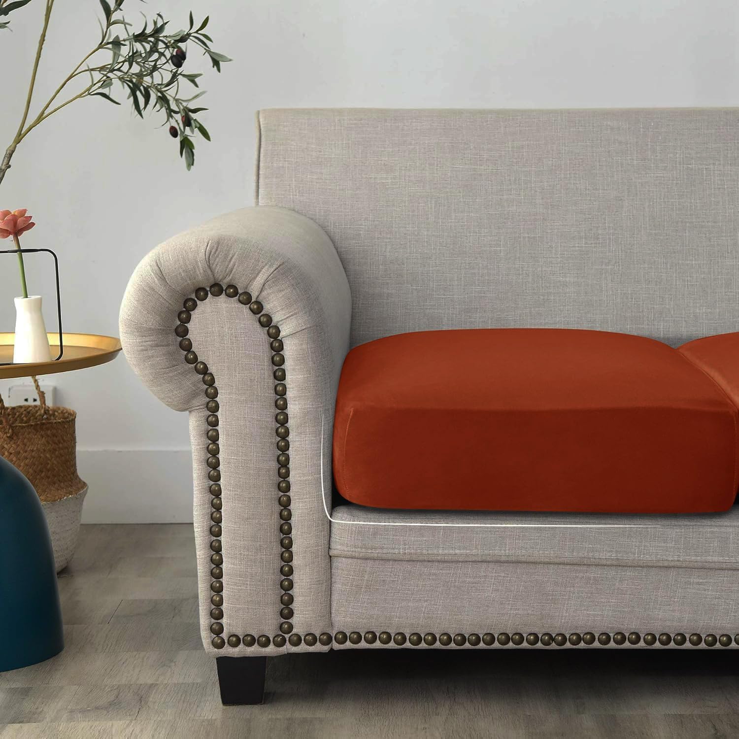 Velvet Stretch Cushion Covers - Furniture Protector Slipcover for Seat, Sofa, and Couch (2, Burnt Orange)