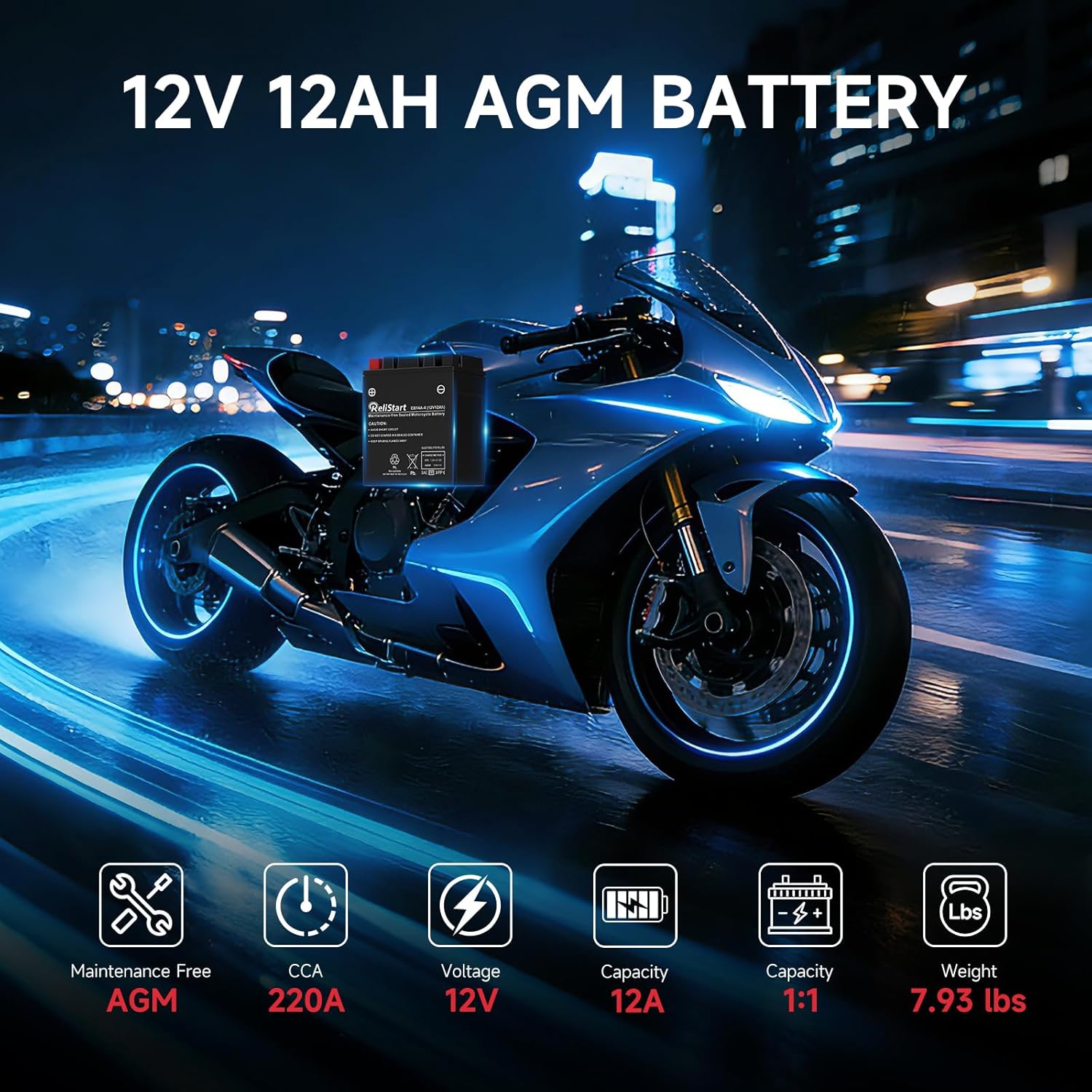 Motorcycle Battery YTX14AH-BS, EB14A-4, 12V 12Ah, 220 CCA, Powersport Replacement Batteries, AGM Maintenance Free Battery for Bike ATV Scooter