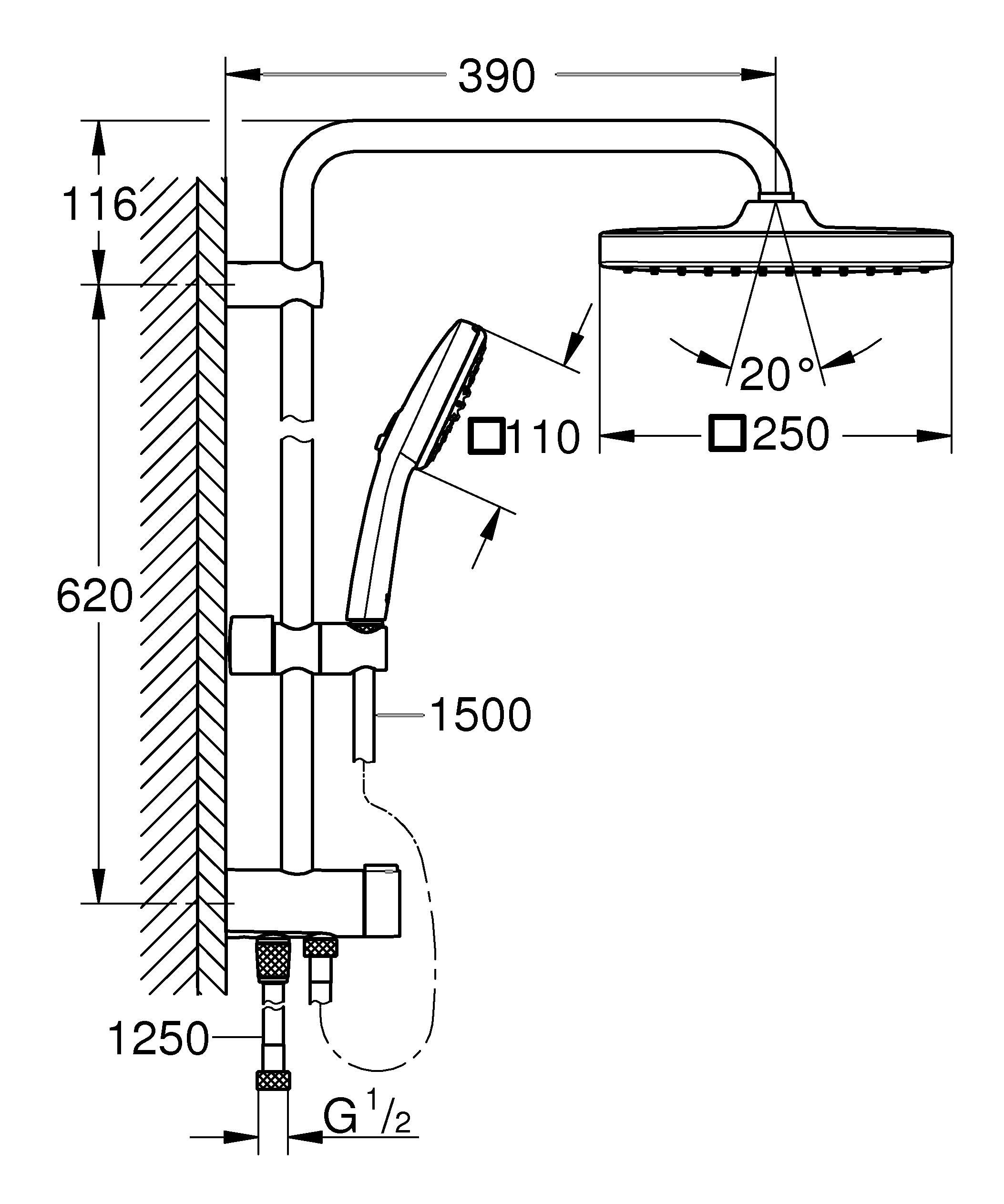 GROHE Vitalio 250, Duschset ohne Armatur, wassersparend, 8l pro Min (Regendusche für vorhandene Duscharmaturen, Duschkopf 2 Strahlarten, Duschstange 74cm, Duschsystem), eckig, schwarz, 266982431