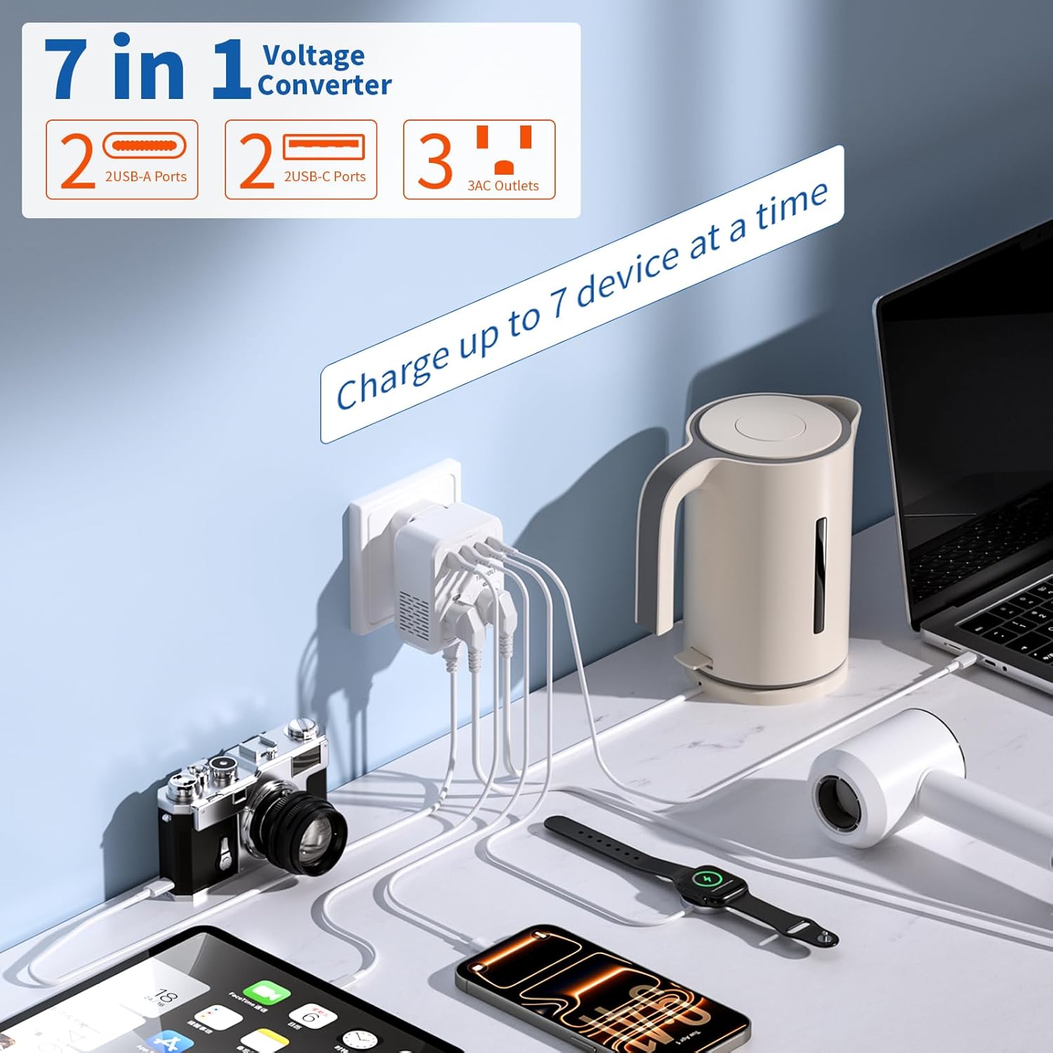 2000W Voltage Converter US to Europe for Hair Dryers, 7-in-1 220V to 110V Converter for European Travel with 3 AC/2 USBA/2 USBC Ports (PD20W), Universal Travel Adapter (White) - Image 2