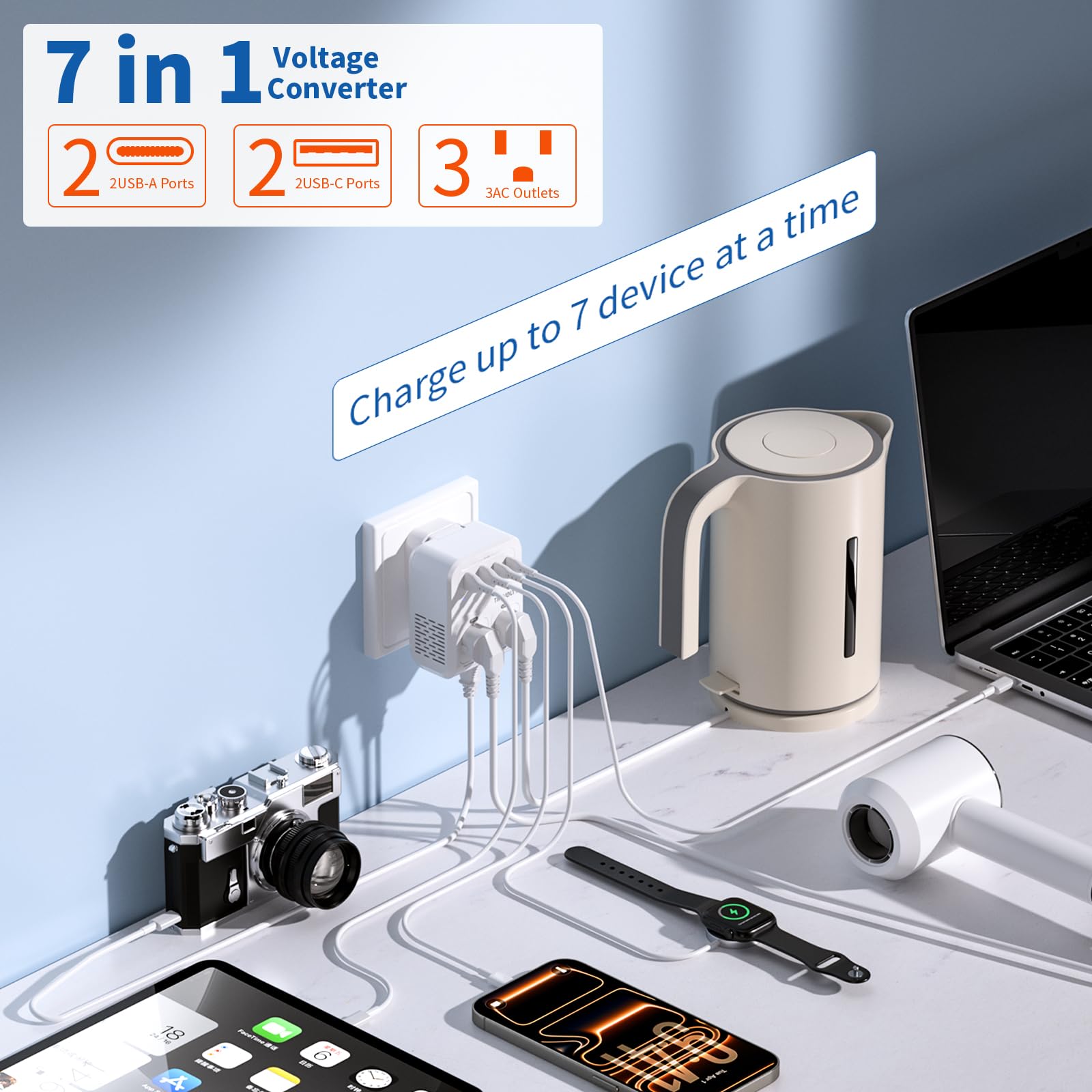 Convertitore di tensione da 2000 W da USA a Europa per asciugacapelli, convertitore 7 in 1 da 220 V a 110 V per viaggi europei con 3 porte AC/2 USBA/2 USBC (PD20 W) (bianco)
