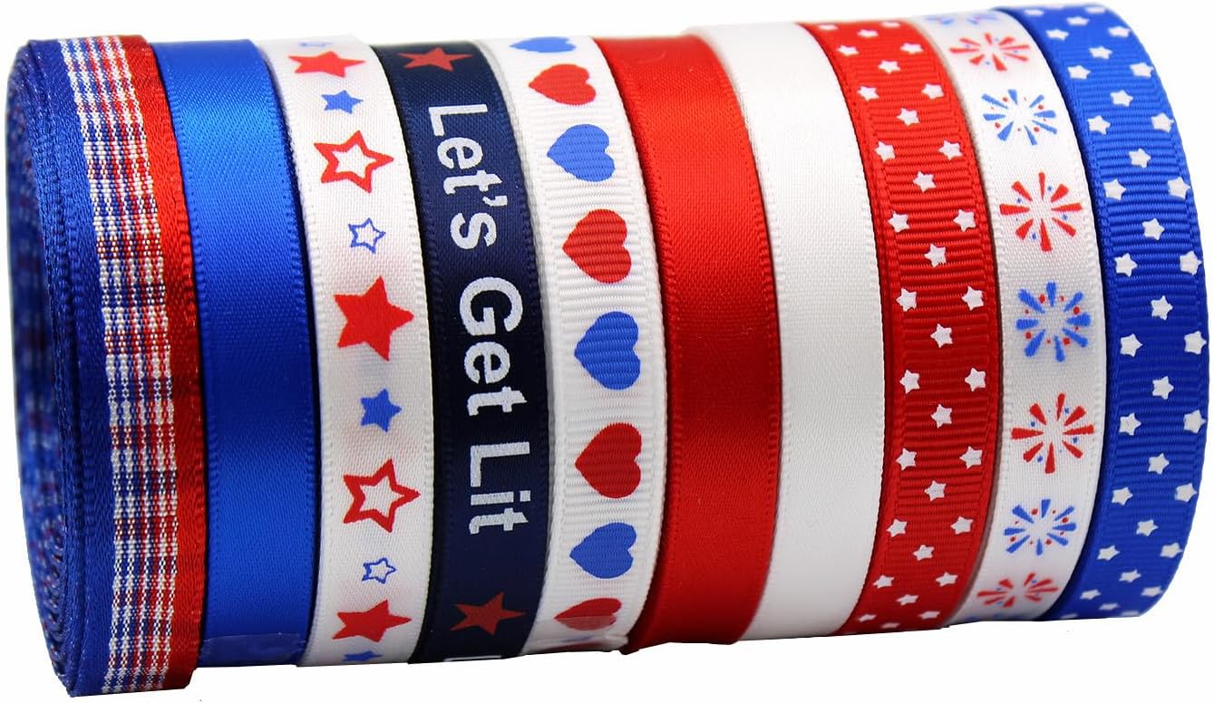Amazon.com: 10 Rolls 50 Yards Patriotic Ribbons Star Printed Grosgrain ...