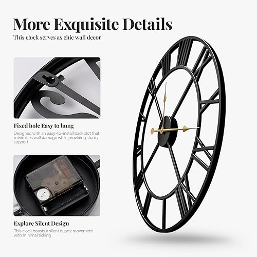 Miniatura 6 de Cuspin Reloj de pared de 24 pulgadas, color negro, grandes relojes de pared decorativos para sala de estar, relojes redondos de metal modernos que
