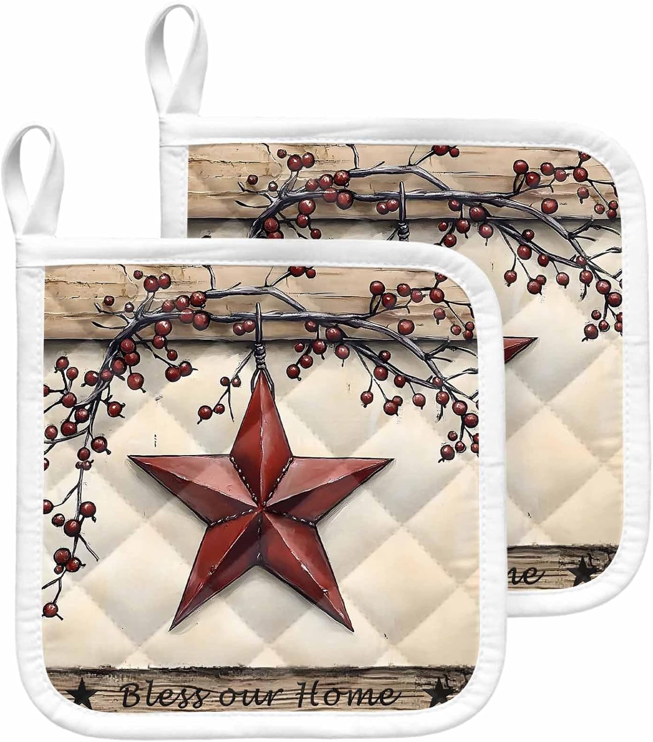 Retro Western Star Pot Holders for Kitchen,Red Berry Potholders Heat-Proof Oven Hot Pads Set of 2,Vintage Wood Board Potholder for Cooking Baking image 2