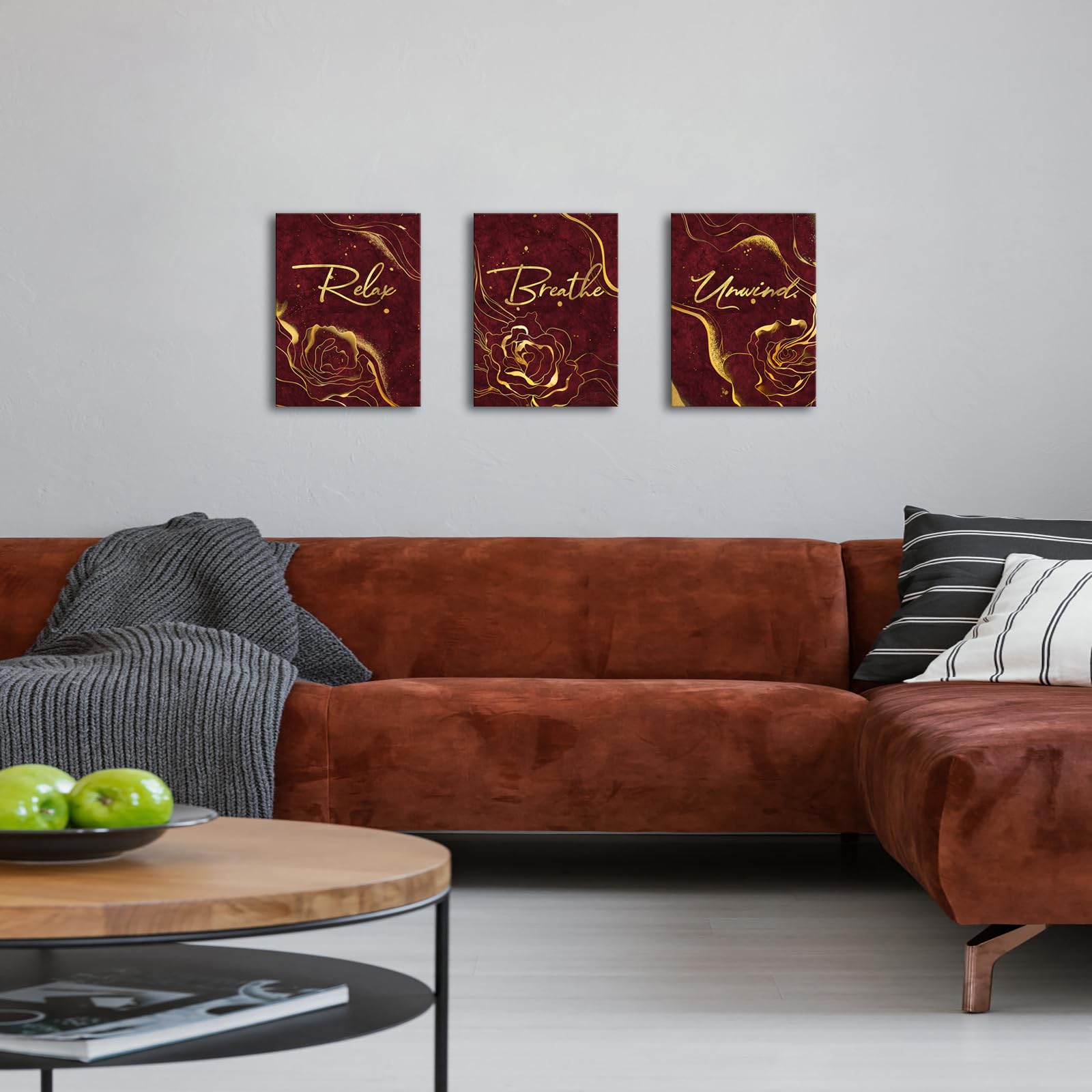 LoveHouse Arte de pared para decoración de baño, diseño abstracto de Burgund con texto en inglés "Relax Unwind Breathe"
