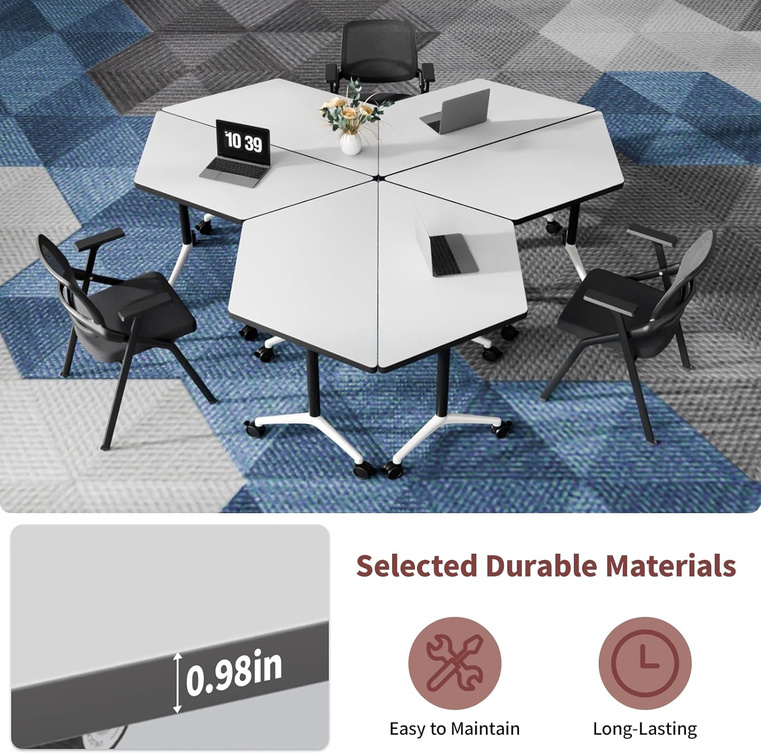 Conference Room Tables, 6 Pack Folding Conference Table with Wheels, Trapezoid Shaped Combinable Modular Training Tables, Foldable Flip Top Mobile Rolling Table
