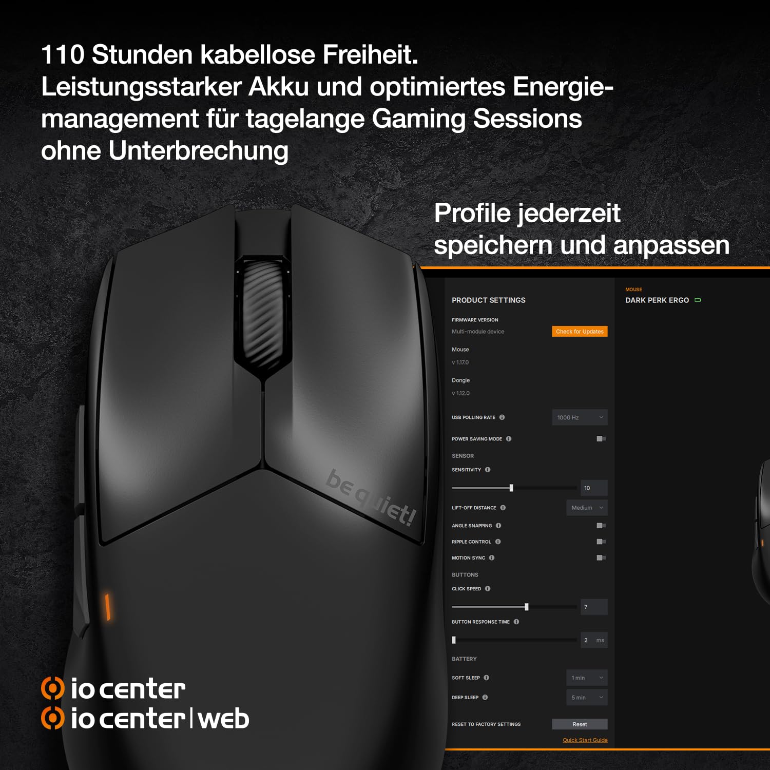 be quiet! Light Mount Mechanische Tastatur und Dark Perk Ergo Wireless Gaming Maus-Bundle, Leise Taktile Switches, ARGB-Beleuchtung, Leichte 55g, 32.000 DPI-Sensor, Bis zu 110 Stunden Akkulaufzeit