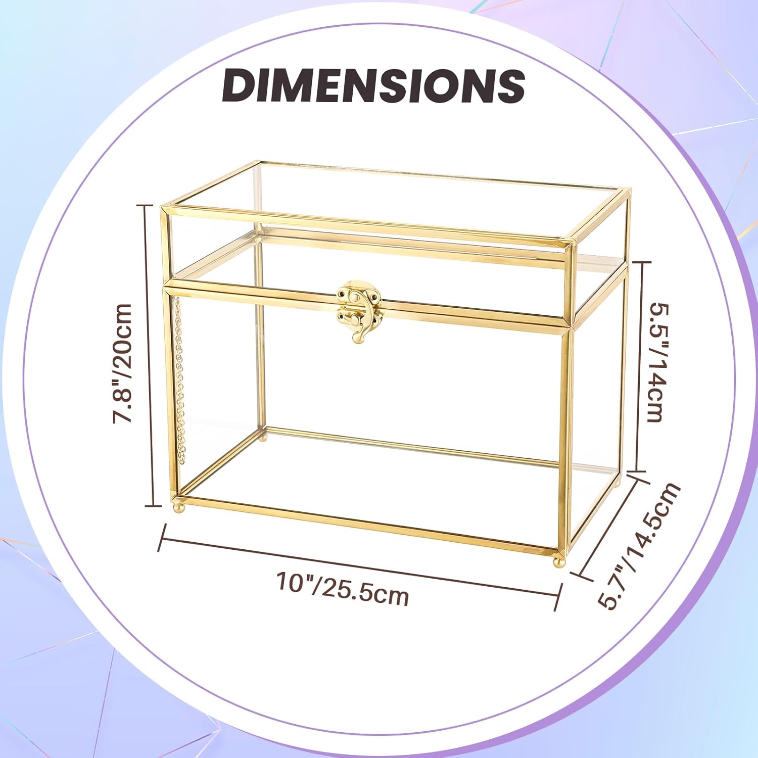 MAOPINER Vintage Gold Glass Jewelry Box, 10 x 5.7 x 7.8 inch Decorative Glass Display Organizer with Lid, Clear Rectangular Design for Rings, Bracelets, Earrings