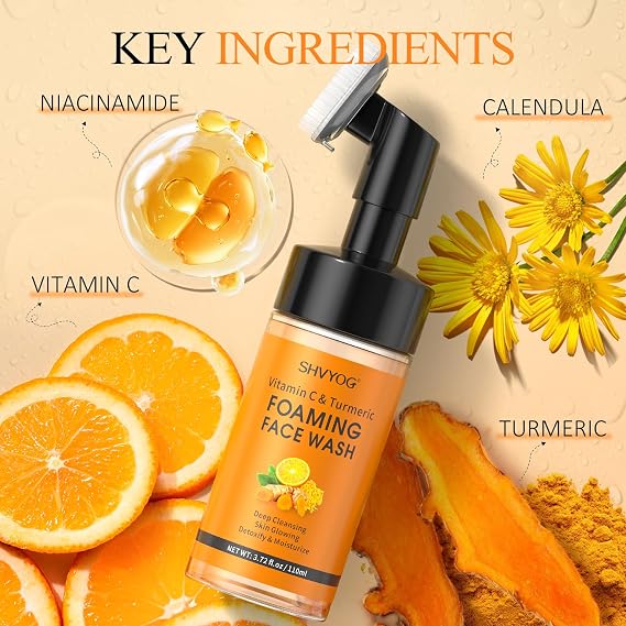 SHVYOG Vitamin C Turmeric Face Wash, Turmeric Foaming Facial Cleanser for Dark Spot, Uneven Skin Tone, Skin Cleansing, Moisturizing, Exfoliating Facial Cleanser with Brush,Unisex
