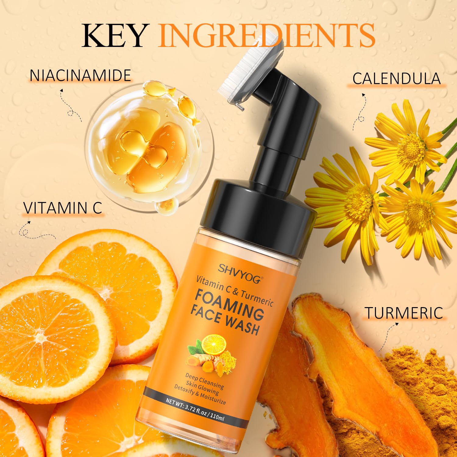Vitamin C Turmeric Foaming Face Wash, Foaming Cleanser for Skin Tone Reduces Fine Lines & Wrinkles, Exfoliating Face Wash - Image 3