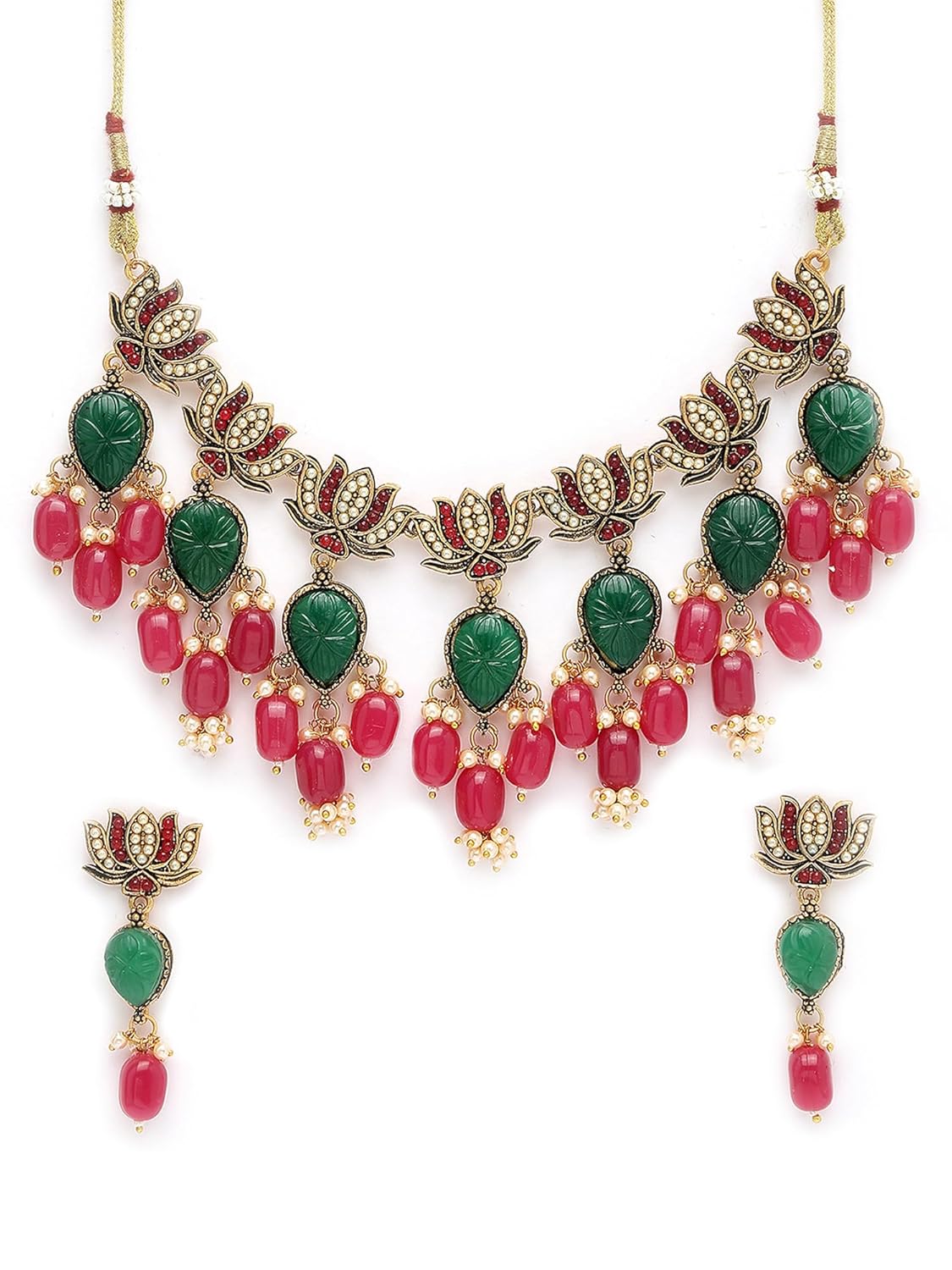 Karatcart Gold Plated Pink Beads Green Carved Stone Lotus Design Choker Necklace Set for Women
