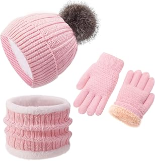 Kids Winter Beanie Hat Gloves Scarf Set 1-10 Years Old Girls Boys Mittens Knit Neck Warmer Warm Fleece lining